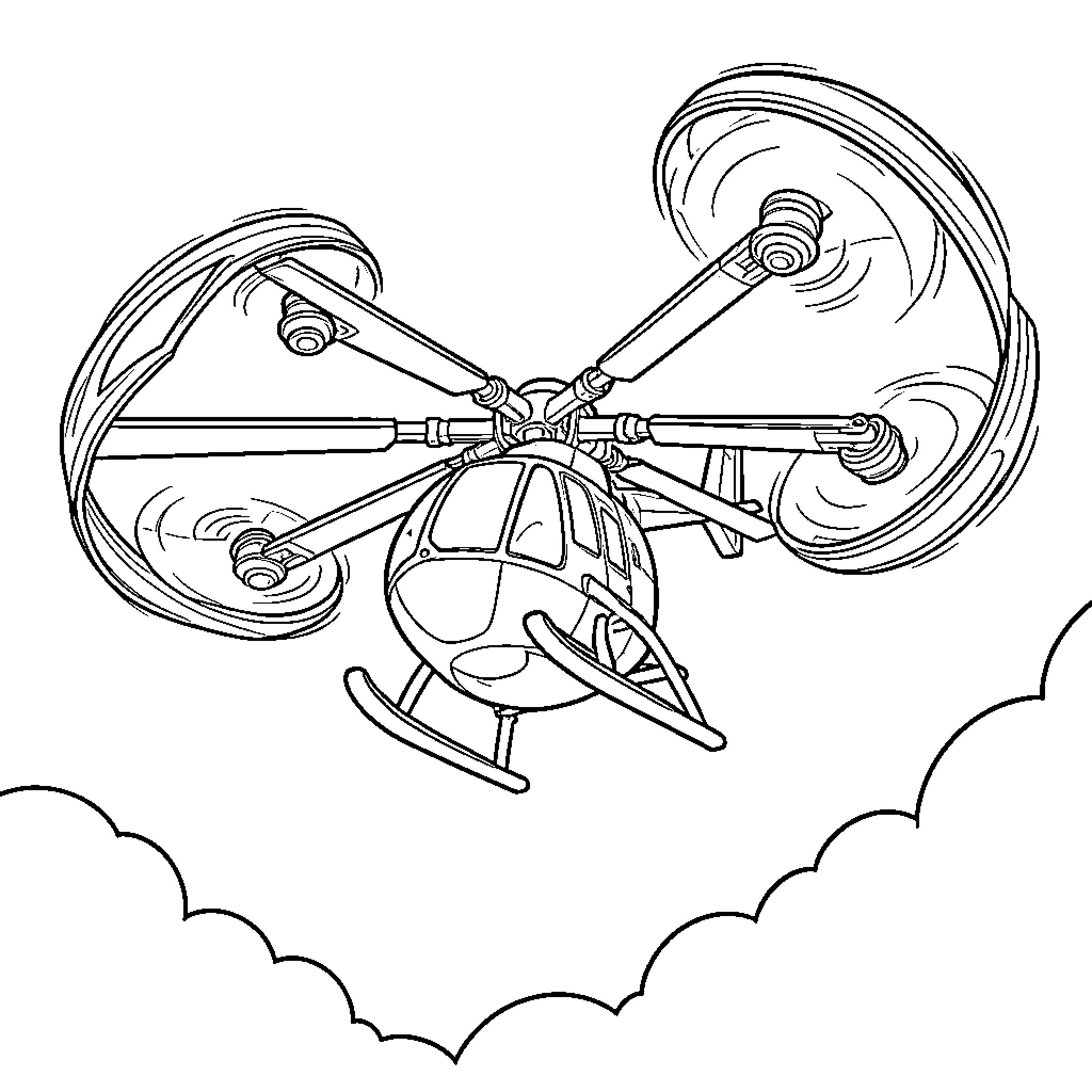 Supercopter dances through the sky Coloring Page (free black-and-white line drawing printable PDF for all, from beginners to advanced learners, including children, teens, adults, and seniors)