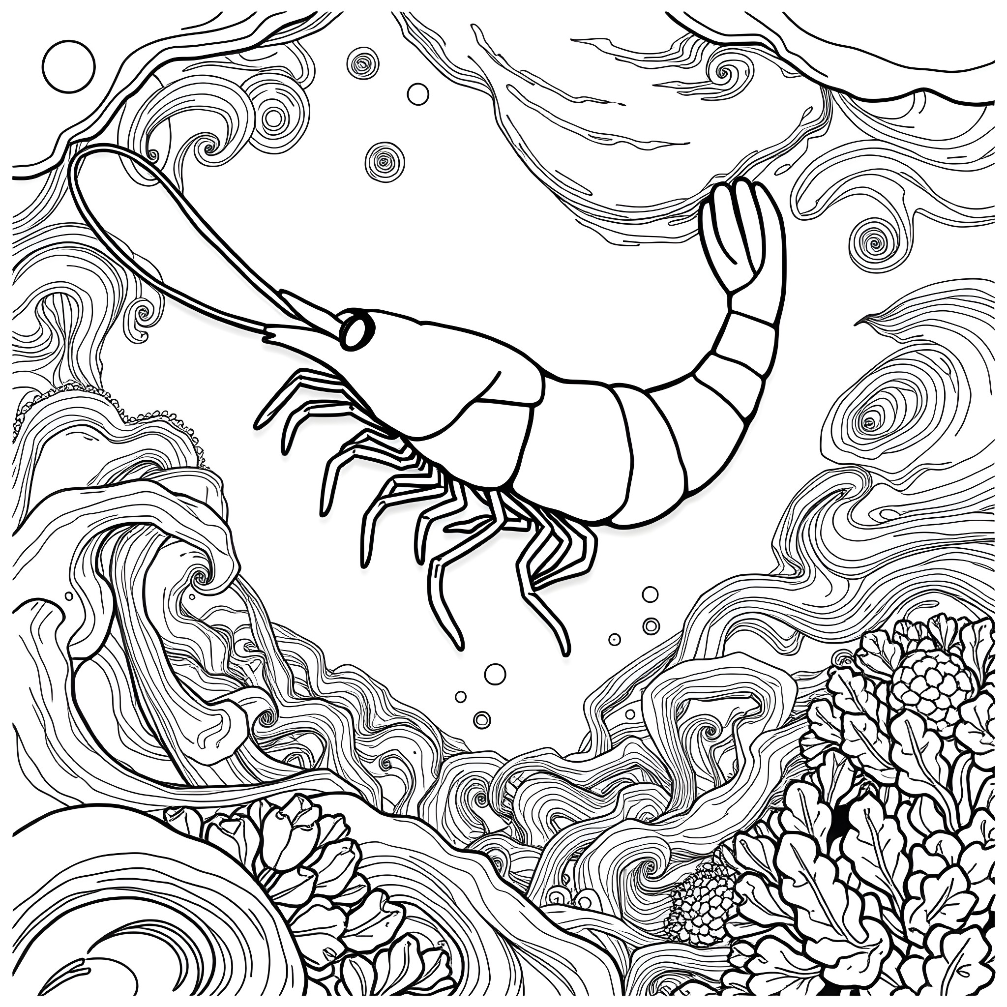 Shrimp swimming in the underwater world Coloring Page (free black-and-white line drawing printable PDF for all, from beginners to advanced learners, including children, teens, adults, and seniors)