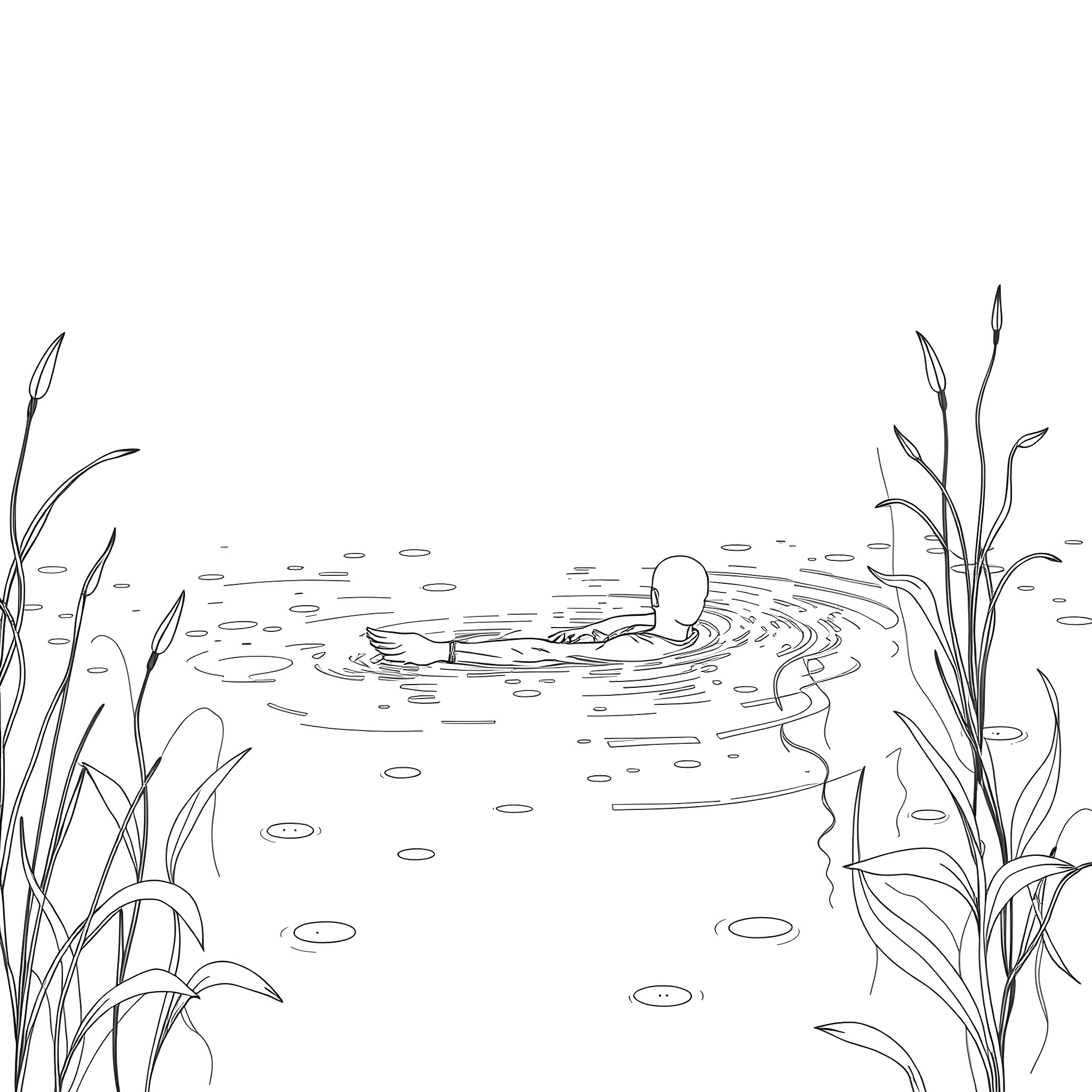 Man swimming in the pond surrounded by nature Coloring Page (free black-and-white line drawing printable PDF for all, from beginners to advanced learners, including children, teens, adults, and seniors)