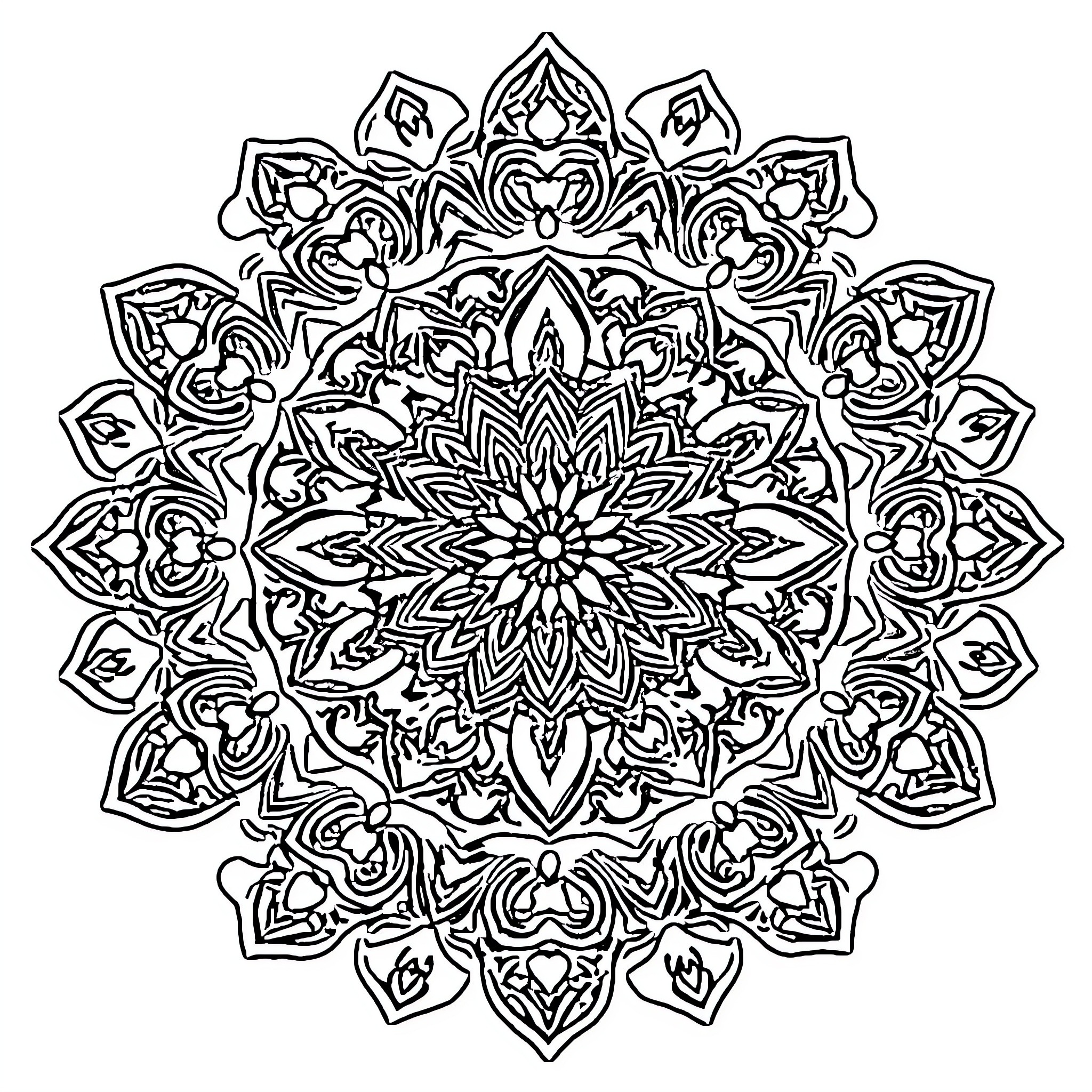 Mandala with intricate floral patterns and symmetrical design Coloring Page (free black-and-white line drawing printable PDF for all, from beginners to advanced learners, including children, teens, adults, and seniors)