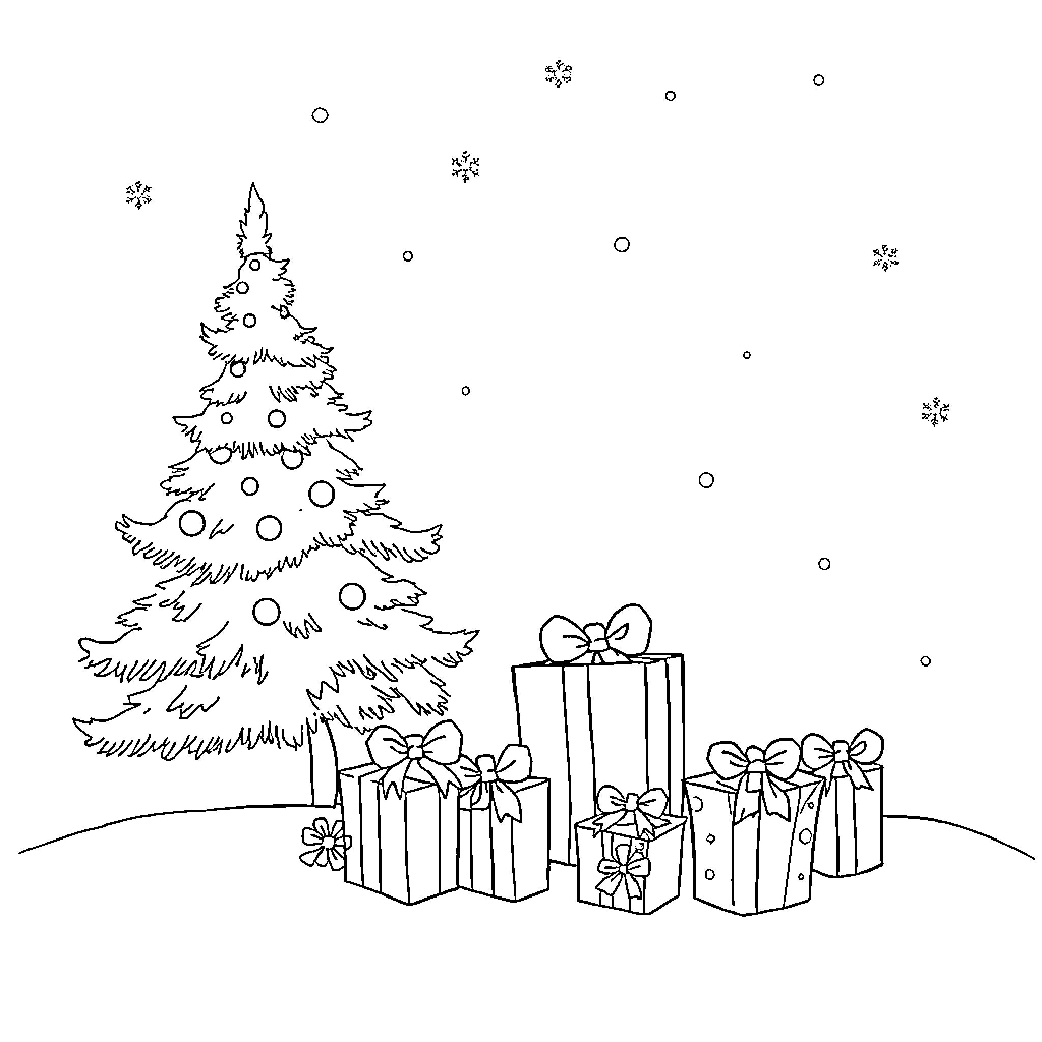 Christmas Tree and Wrapped Gifts in Winter Wonderland Coloring Page (free black-and-white line drawing printable PDF for all, from beginners to advanced learners, including children, teens, adults, and seniors)