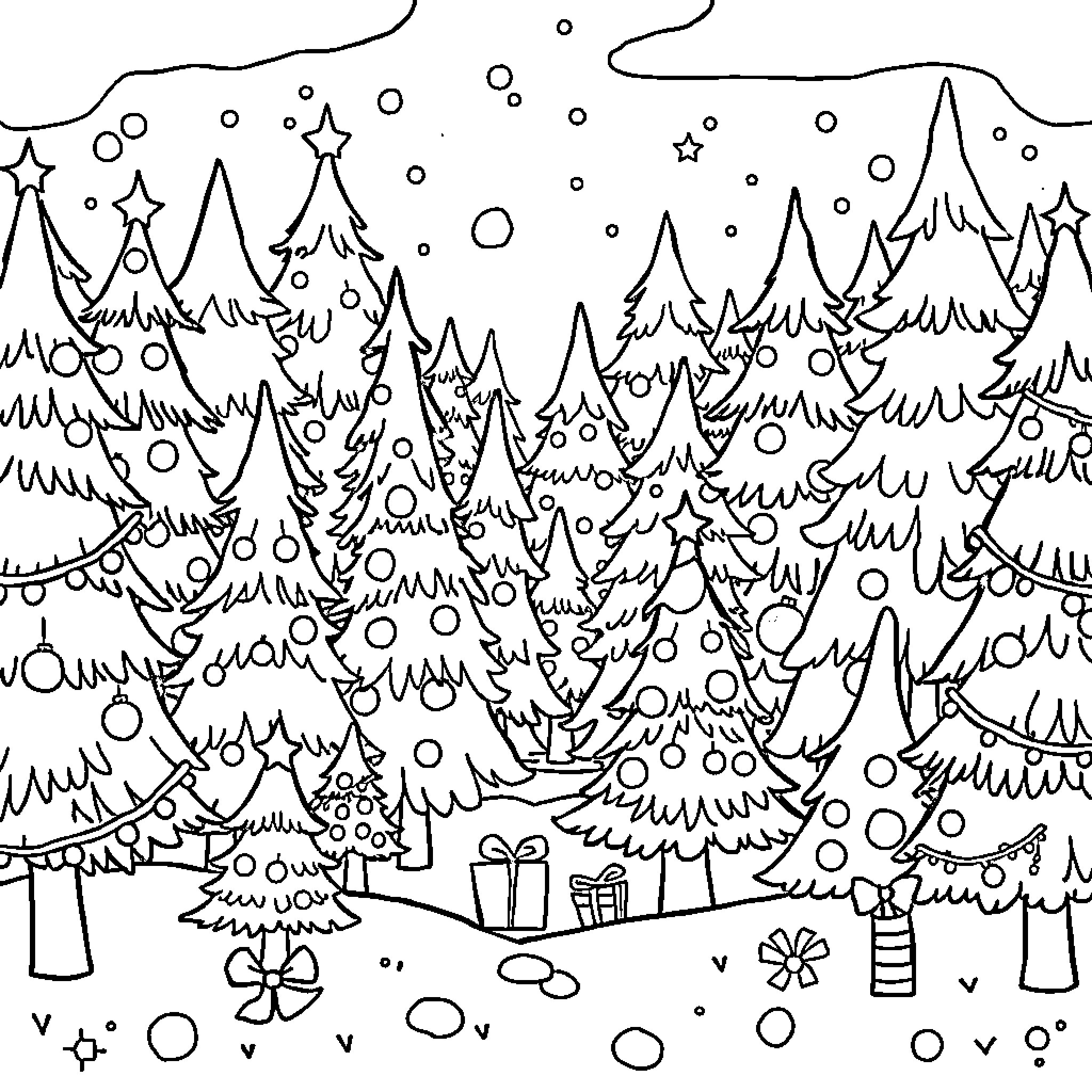 Christmas Forest with Snowy Trees and Gifts Coloring Page (free black-and-white line drawing printable PDF for all, from beginners to advanced learners, including children, teens, adults, and seniors)