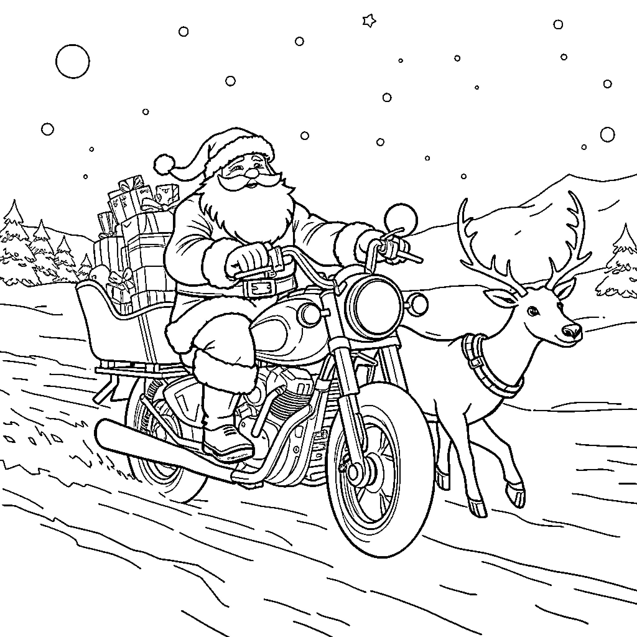 Santa riding a motorcycle with a deer Coloring Page (free black-and-white line drawing printable PDF for all, from beginners to advanced learners, including children, teens, adults, and seniors)