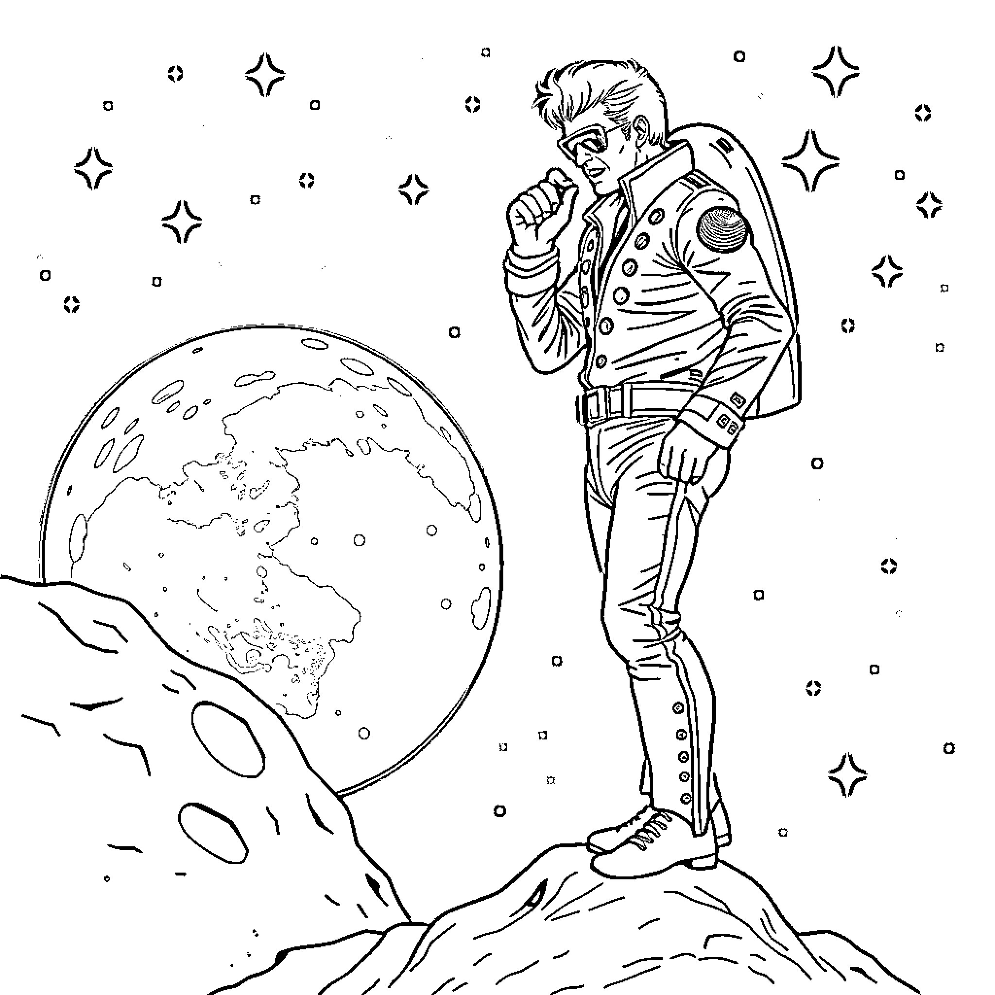 Elvis Conquers the Cosmos Coloring Page (free black-and-white line drawing printable PDF for all, from beginners to advanced learners, including children, teens, adults, and seniors)