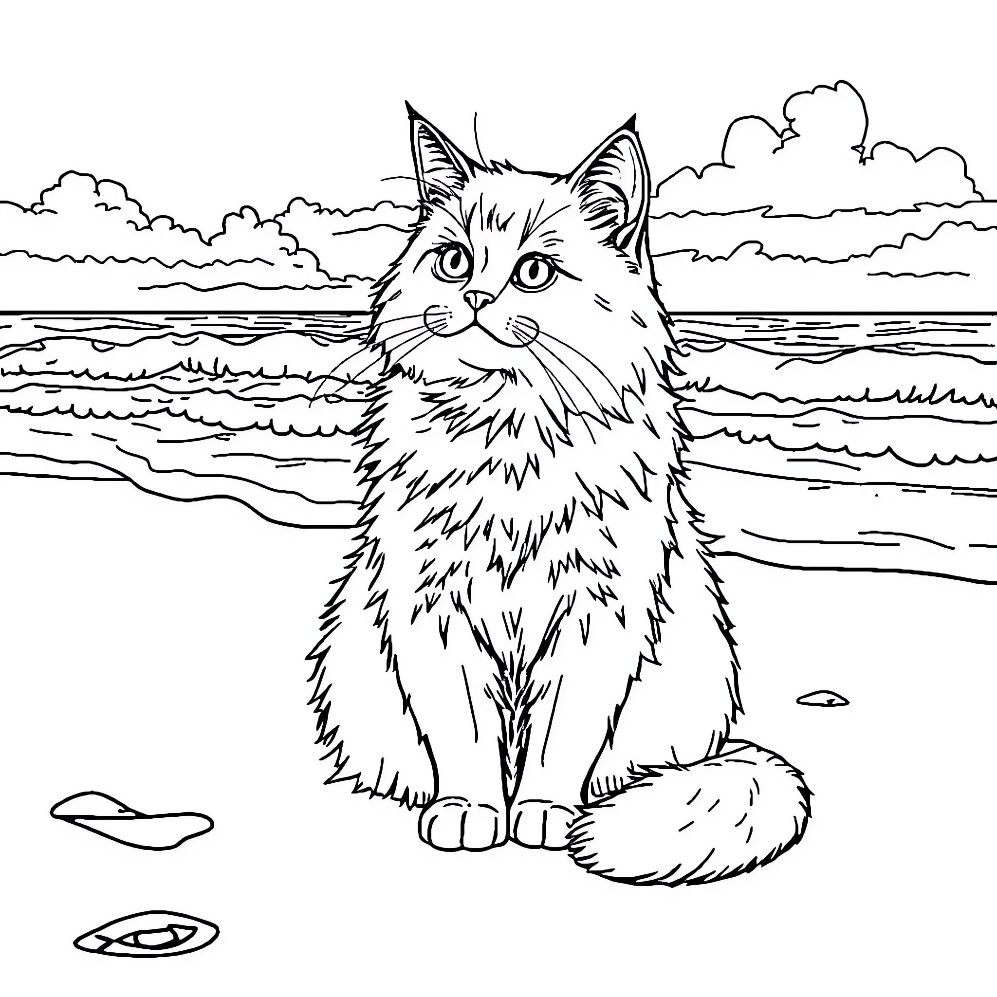 Cat by the Seaside Coloring Page (free black-and-white line drawing printable PDF for all, from beginners to advanced learners, including children, teens, adults, and seniors)