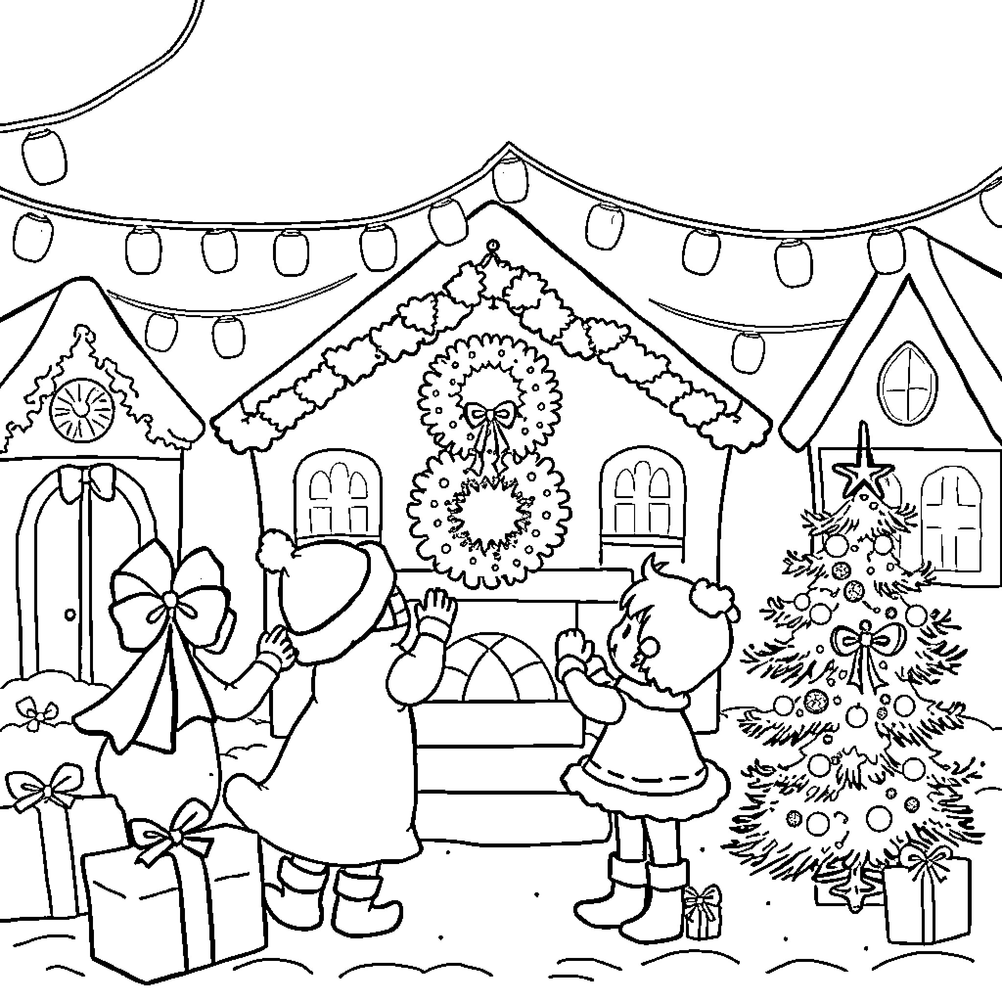Christmas Village Celebration with Festive Decorations Coloring Page (free black-and-white line drawing printable PDF for all, from beginners to advanced learners, including children, teens, adults, and seniors)