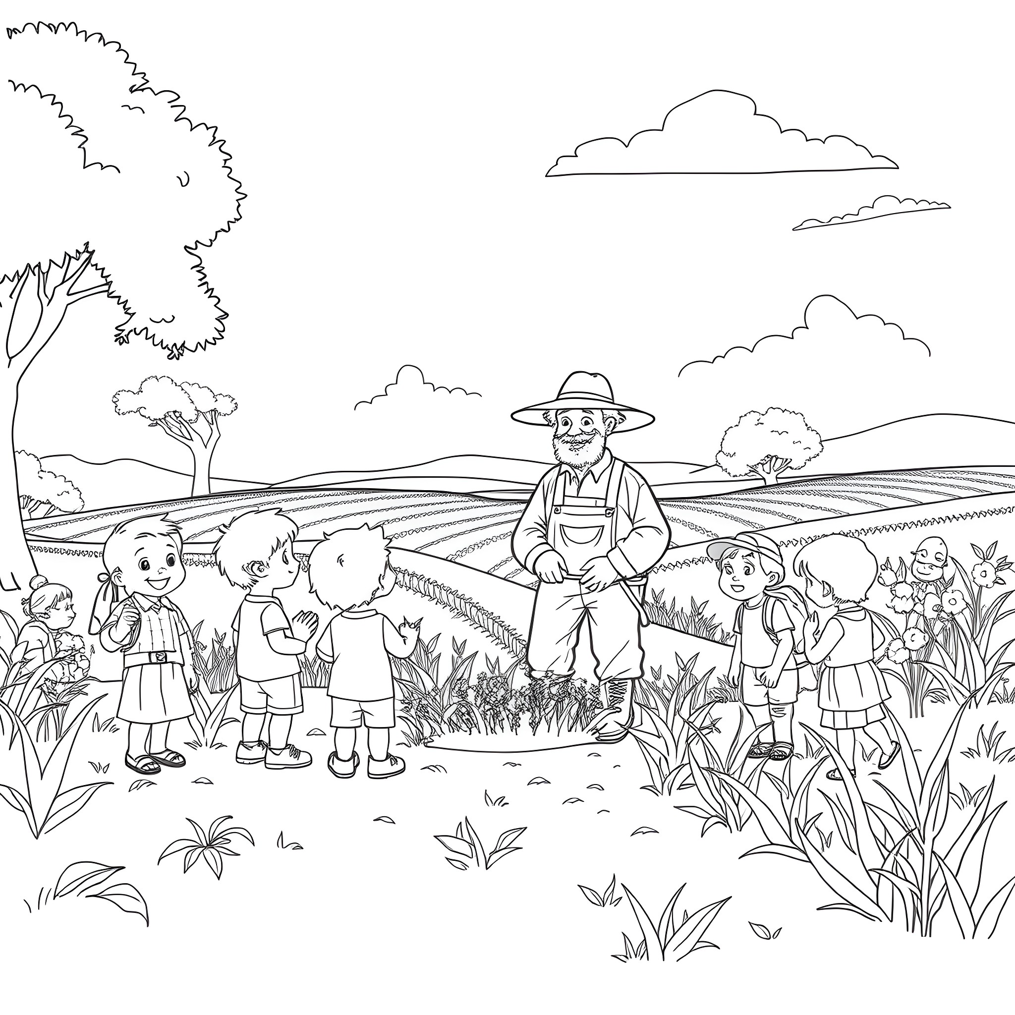 Child exploring nature with farmer in rural landscape Coloring Page (free black-and-white line drawing printable PDF for all, from beginners to advanced learners, including children, teens, adults, and seniors)