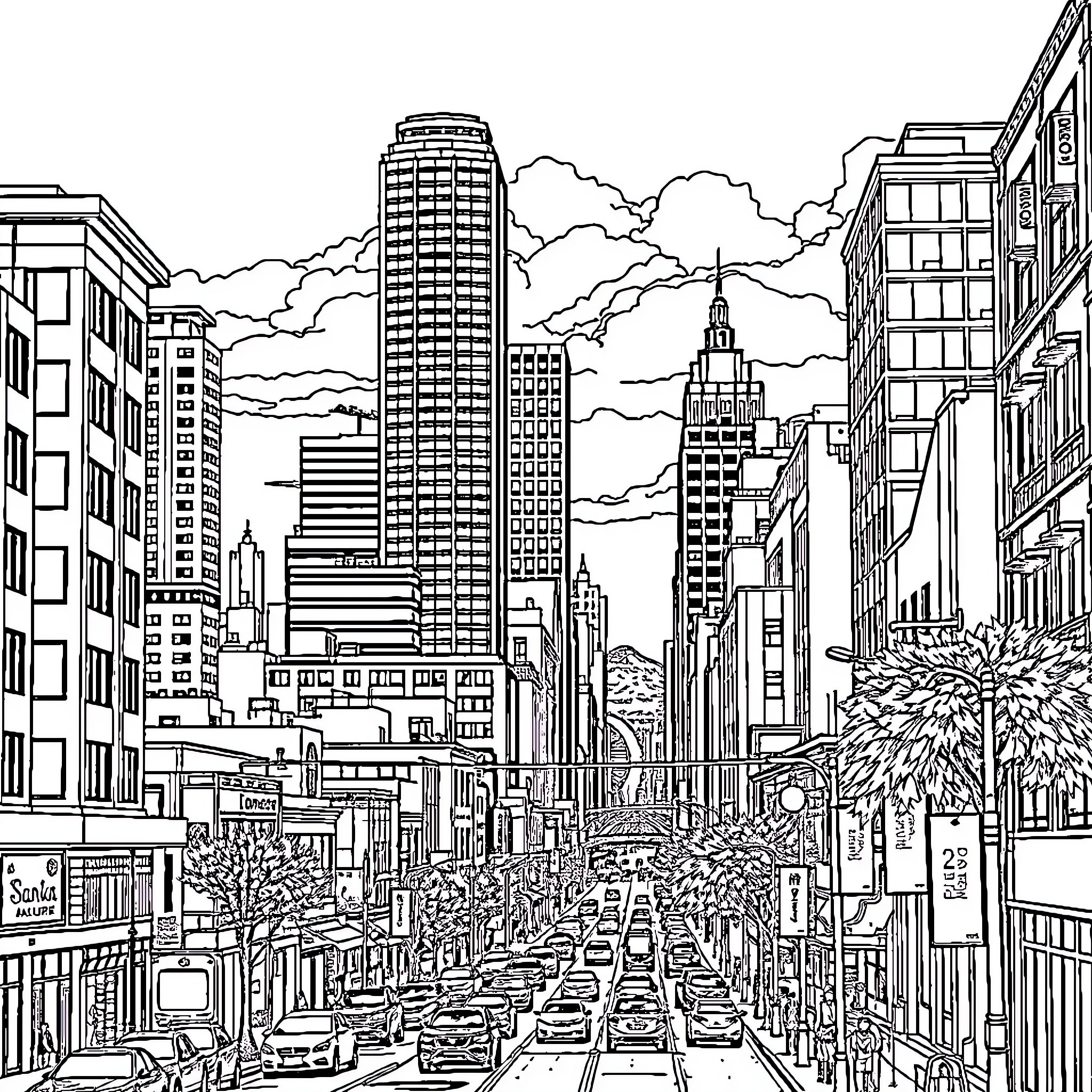 Oakland cityscape with busy streets and skyscrapers Coloring Page (free black-and-white line drawing printable PDF for all, from beginners to advanced learners, including children, teens, adults, and seniors)