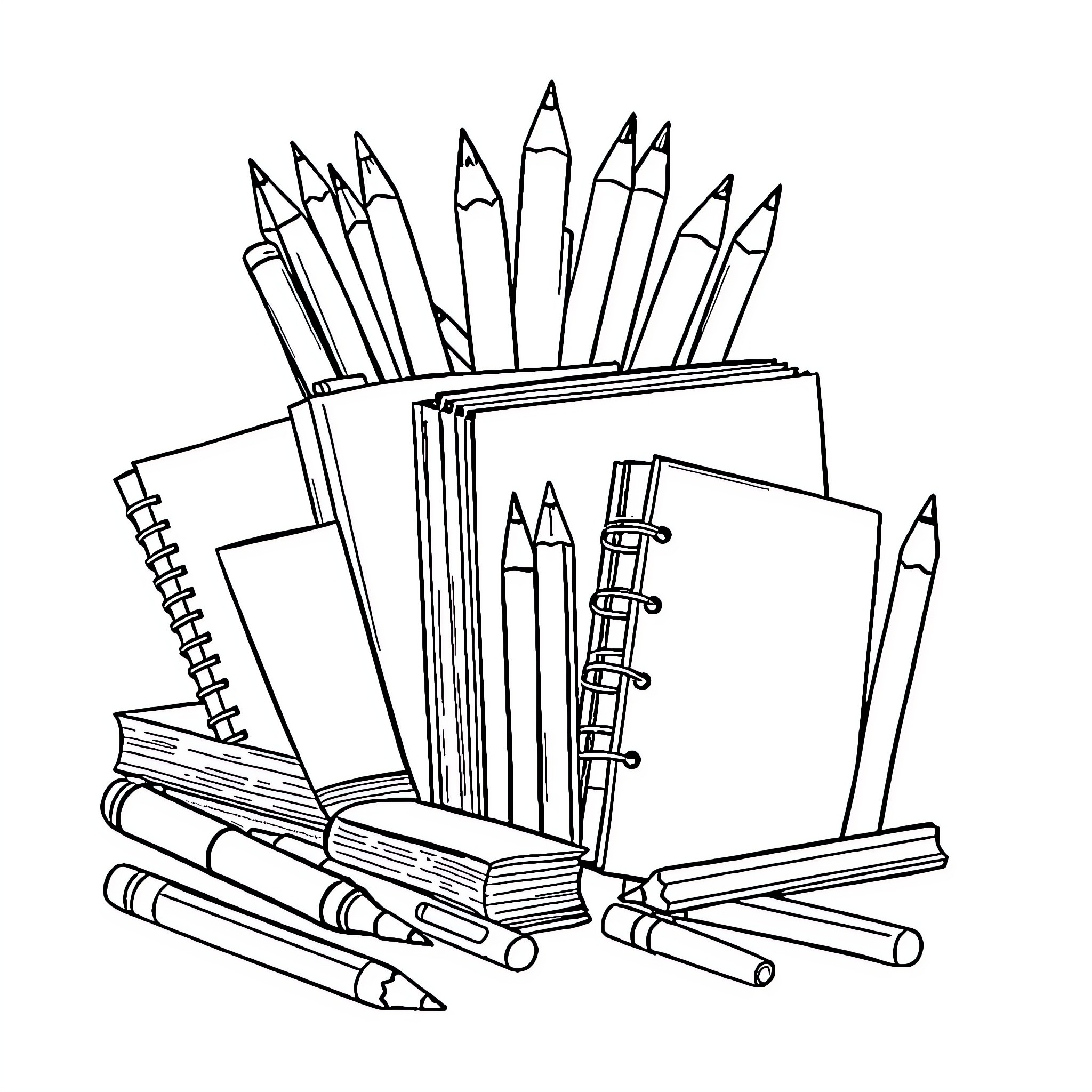 School Supplies Assortment with Notebooks and Pencils Coloring Page (free black-and-white line drawing printable PDF for all, from beginners to advanced learners, including children, teens, adults, and seniors)