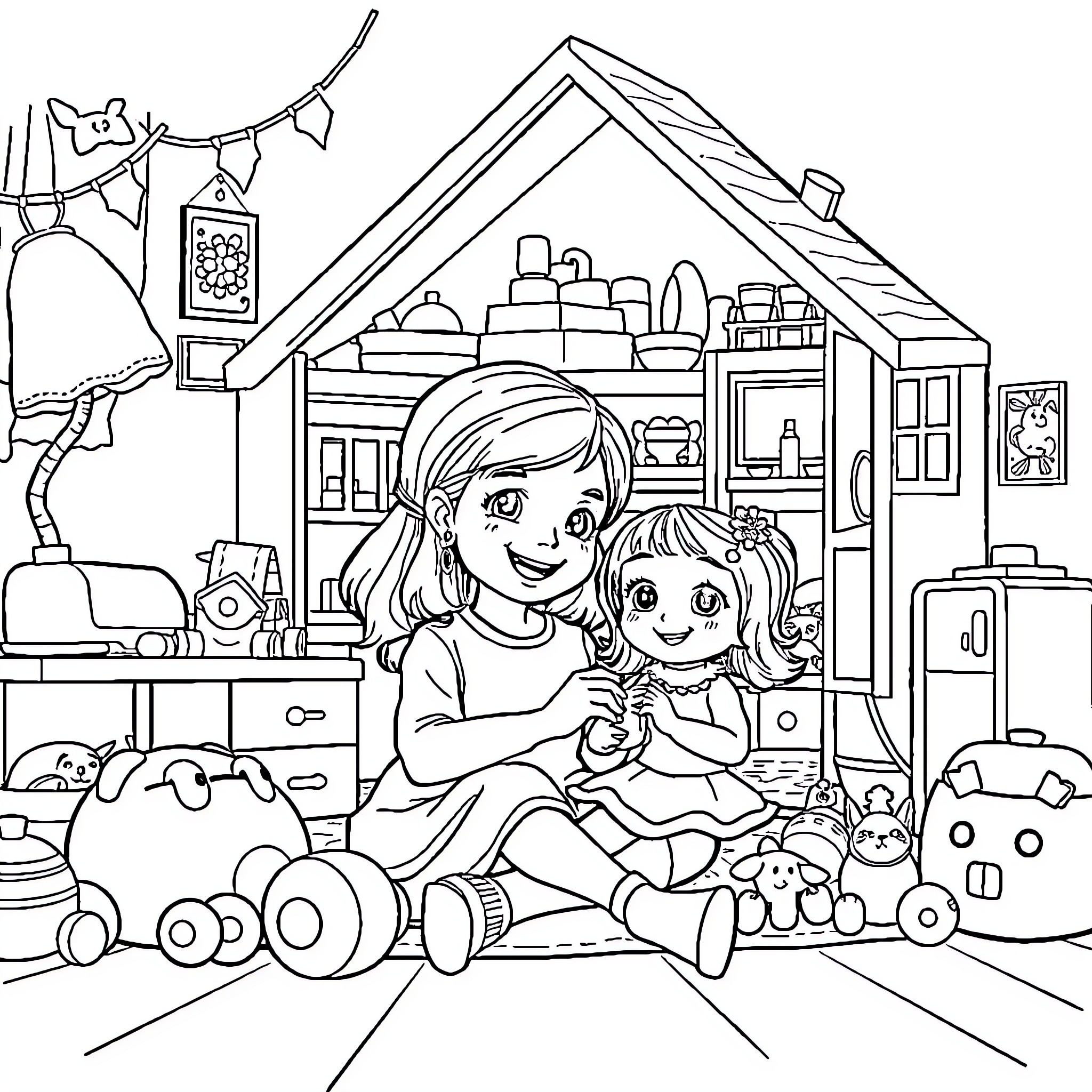 Girl playing with toys in her room Coloring Page (free black-and-white line drawing printable PDF for all, from beginners to advanced learners, including children, teens, adults, and seniors)