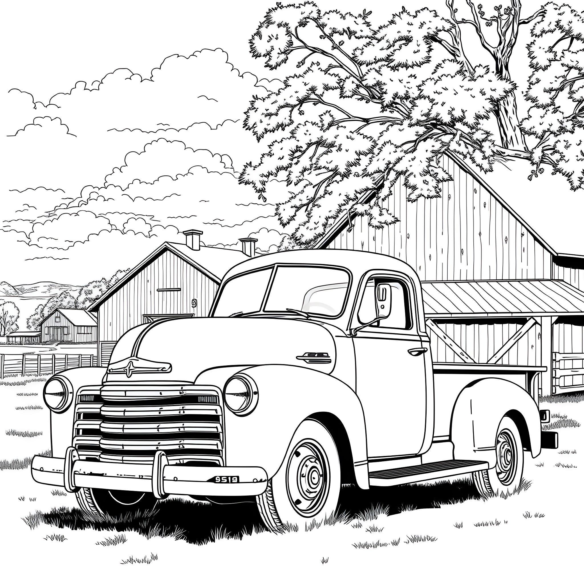 Truck with vintage design in a rural landscape Coloring Page (free black-and-white line drawing printable PDF for all, from beginners to advanced learners, including children, teens, adults, and seniors)