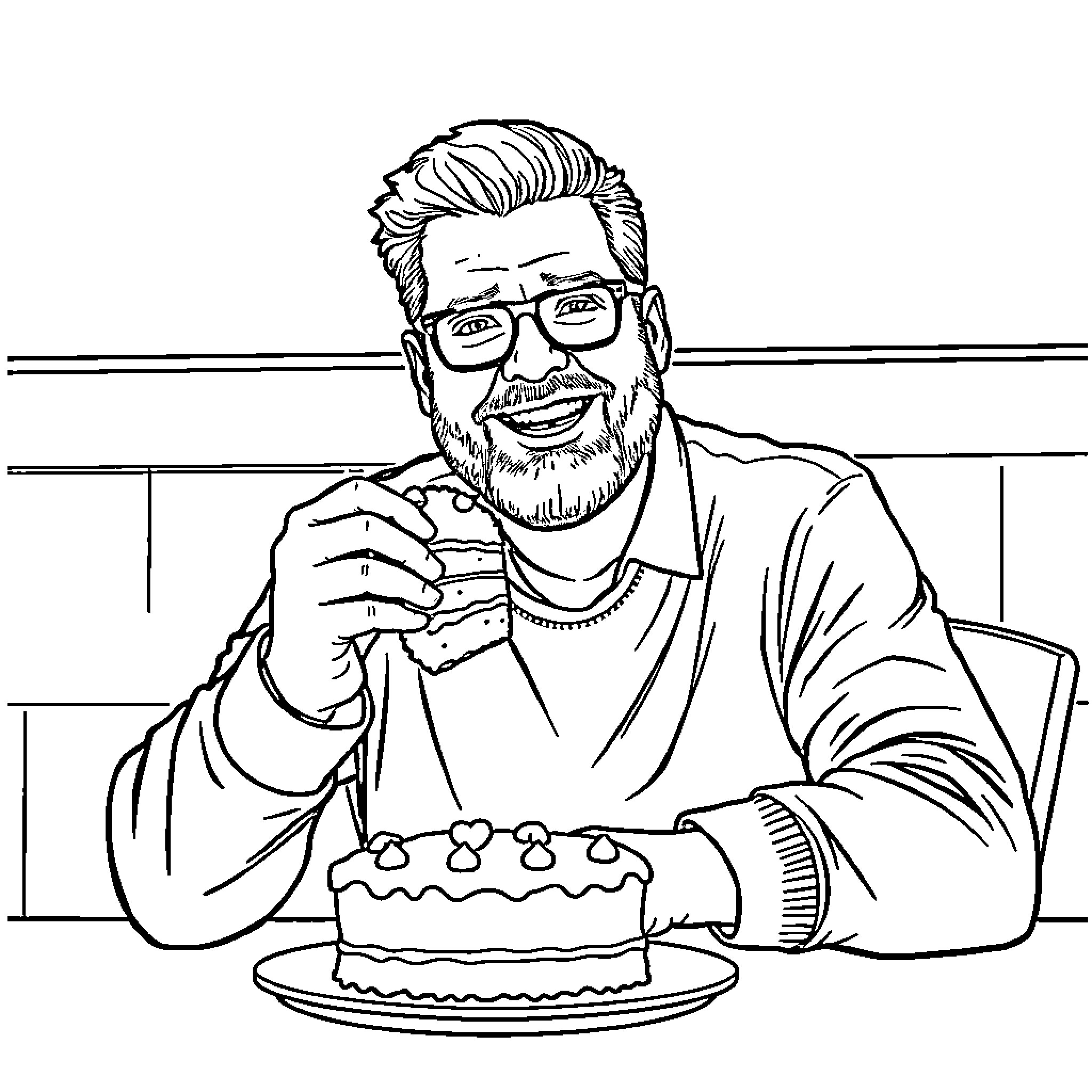 Drew Carey Enjoying Birthday Cake with Enthusiasm Coloring Page (free black-and-white line drawing printable PDF for all, from beginners to advanced learners, including children, teens, adults, and seniors)