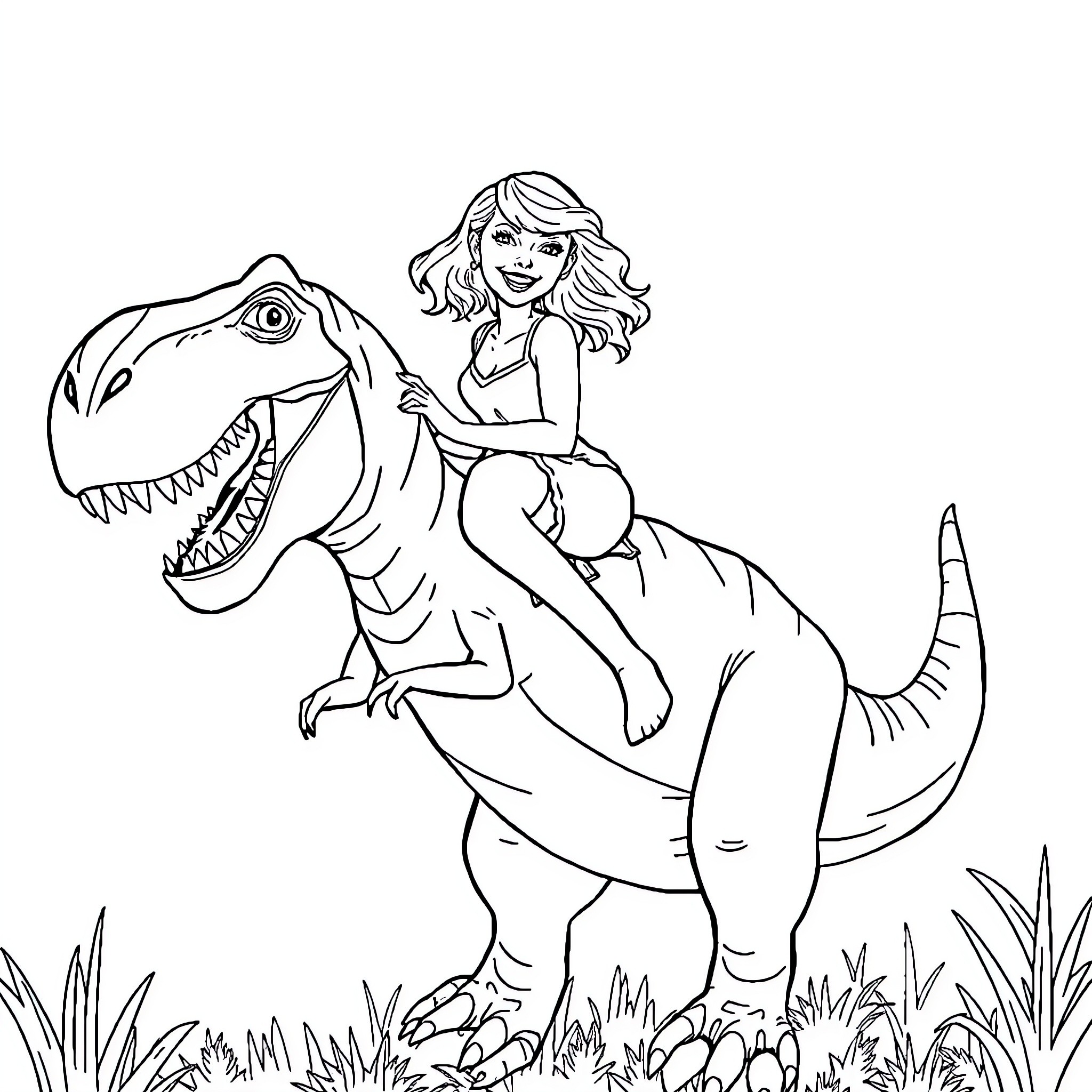 Taylor Swift riding a friendly dinosaur Coloring Page (free black-and-white line drawing printable PDF for all, from beginners to advanced learners, including children, teens, adults, and seniors)
