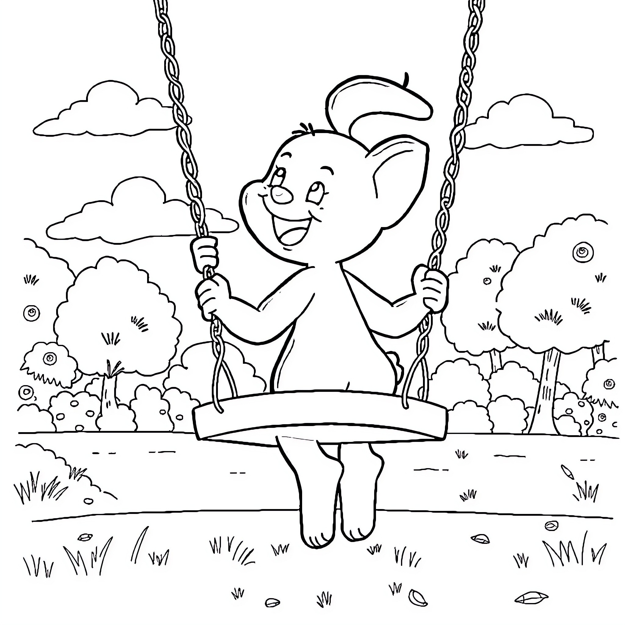Bluey having fun on a swing in the park Coloring Page (free black-and-white line drawing printable PDF for all, from beginners to advanced learners, including children, teens, adults, and seniors)