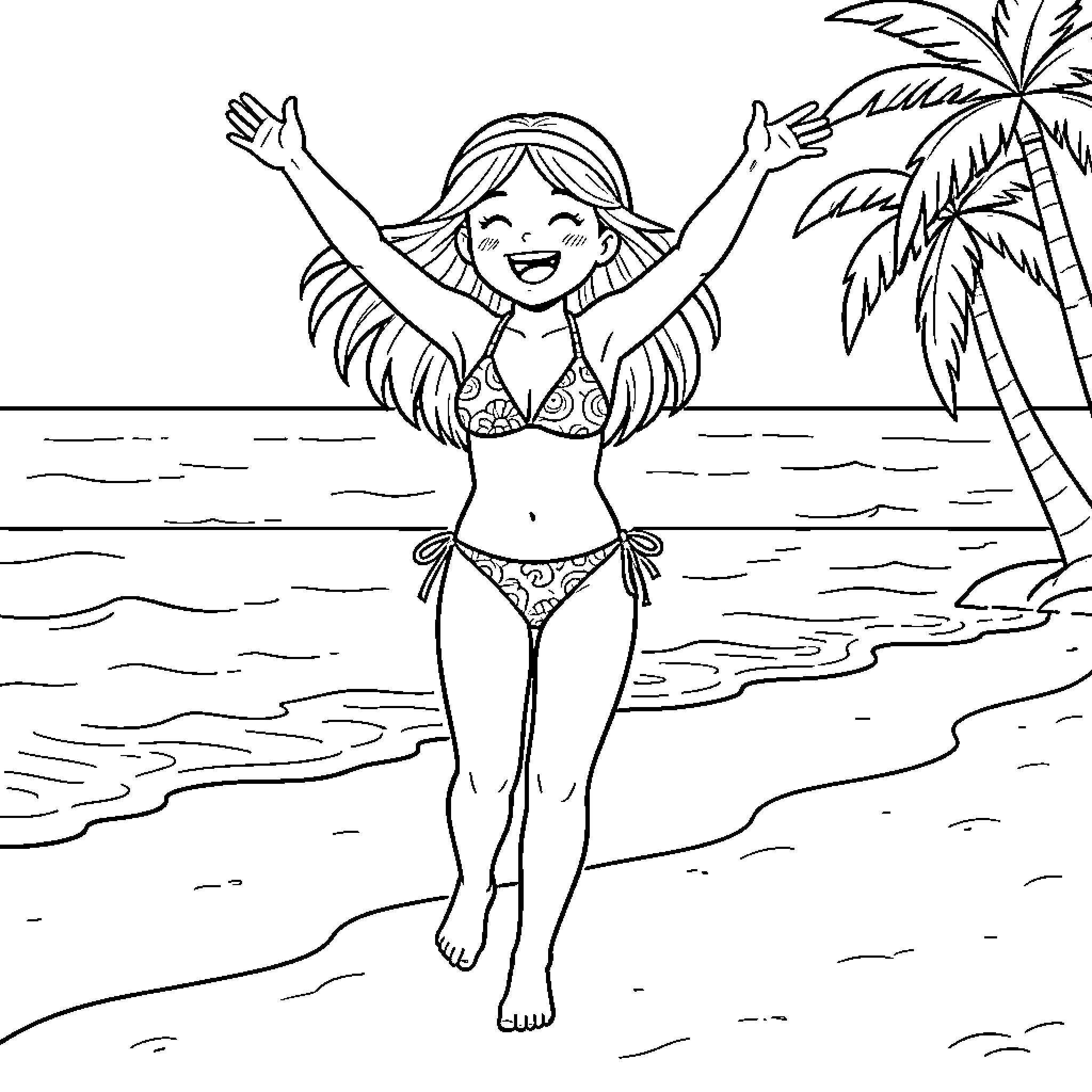 Girl enjoying sunny beach day with joyful pose Coloring Page (free black-and-white line drawing printable PDF for all, from beginners to advanced learners, including children, teens, adults, and seniors)