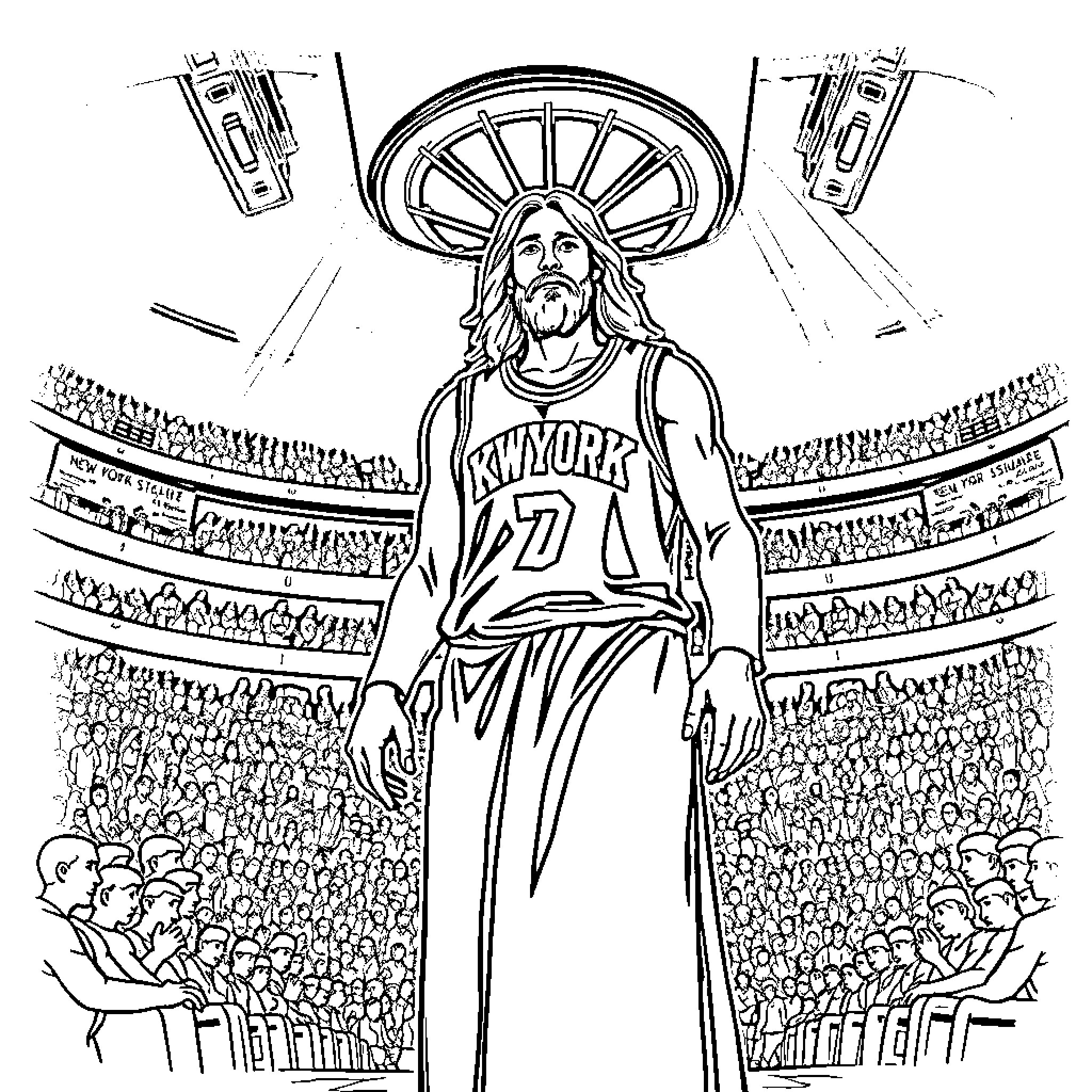Jesus Christ as a Basketball Player in a Stadium Coloring Page (free black-and-white line drawing printable PDF for all, from beginners to advanced learners, including children, teens, adults, and seniors)