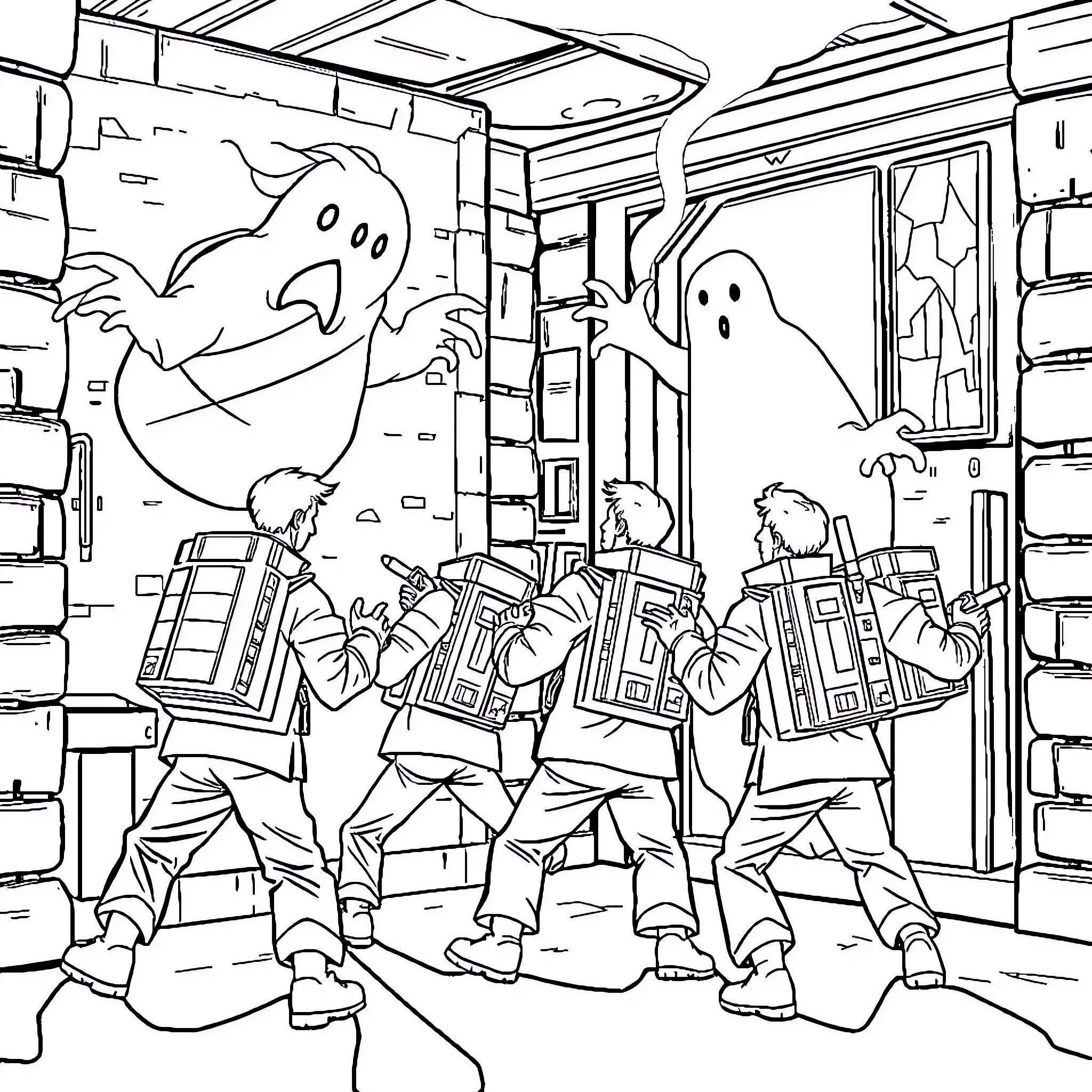 Ghostbusters chasing supernatural entities in a building Coloring Page (free black-and-white line drawing printable PDF for all, from beginners to advanced learners, including children, teens, adults, and seniors)