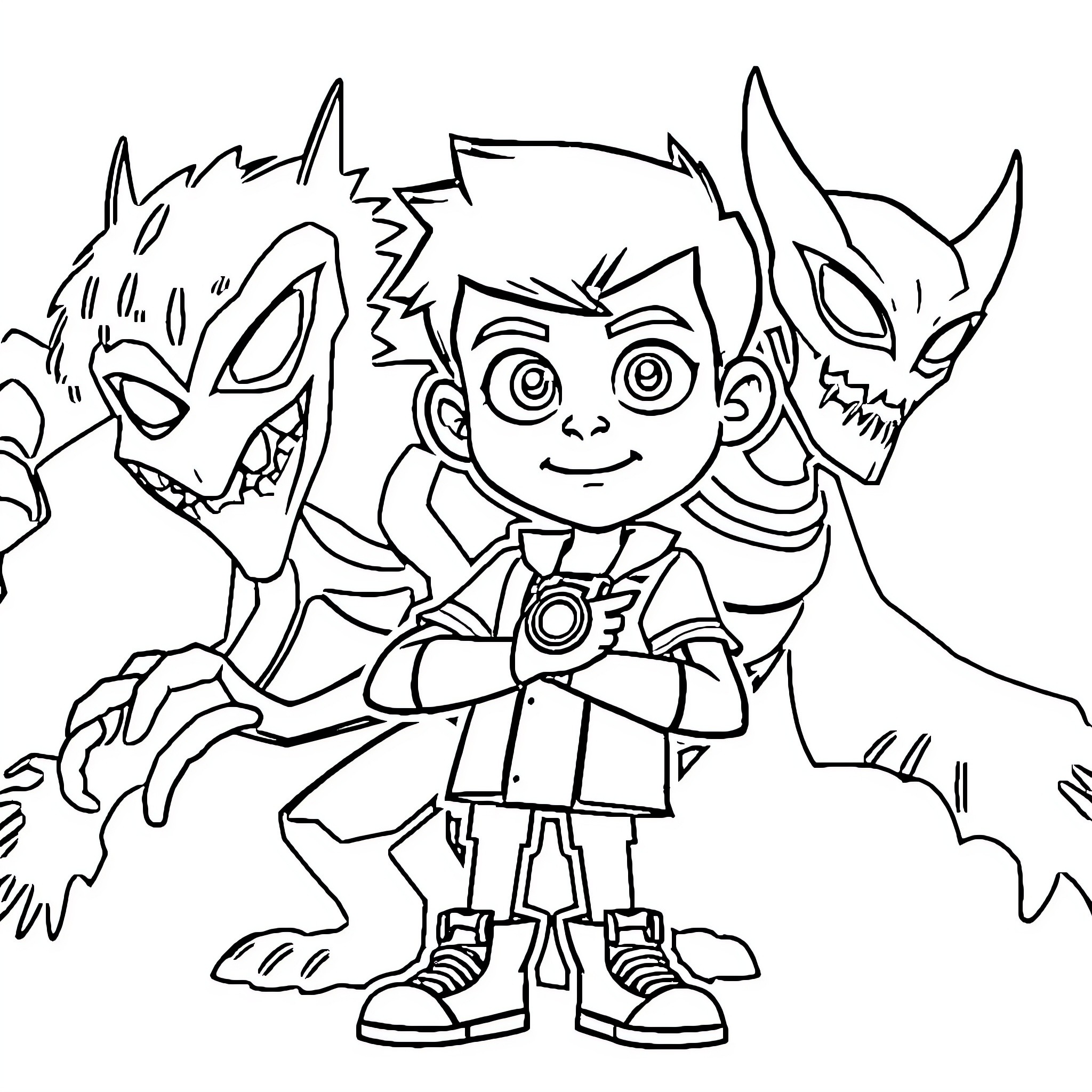 Ben 10 facing off against alien monsters Coloring Page (free black-and-white line drawing printable PDF for all, from beginners to advanced learners, including children, teens, adults, and seniors)