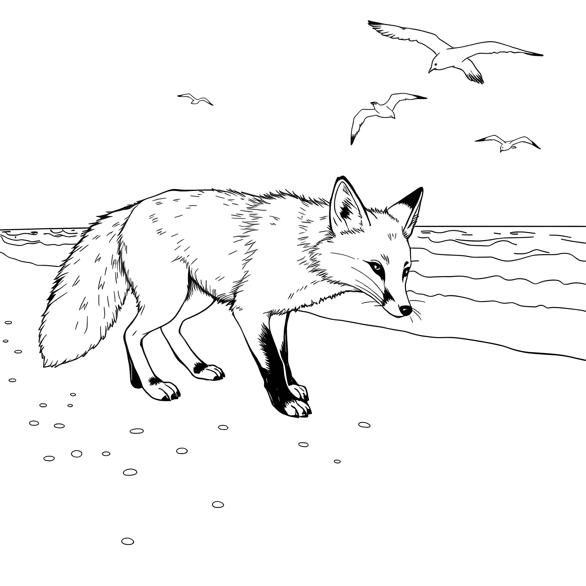 Fox by the Seashore with Flying Birds Coloring Page (free black-and-white line drawing printable PDF for all, from beginners to advanced learners, including children, teens, adults, and seniors)