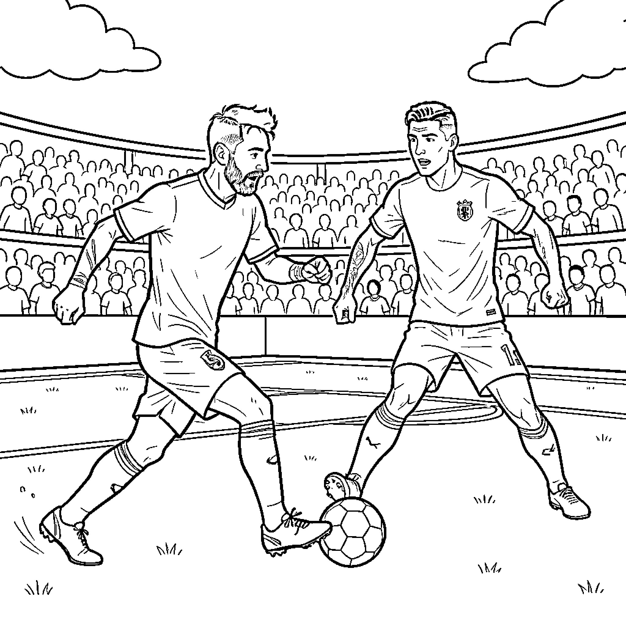 Lionel Messi dribbling a soccer ball during a match Coloring Page (free black-and-white line drawing printable PDF for all, from beginners to advanced learners, including children, teens, adults, and seniors)