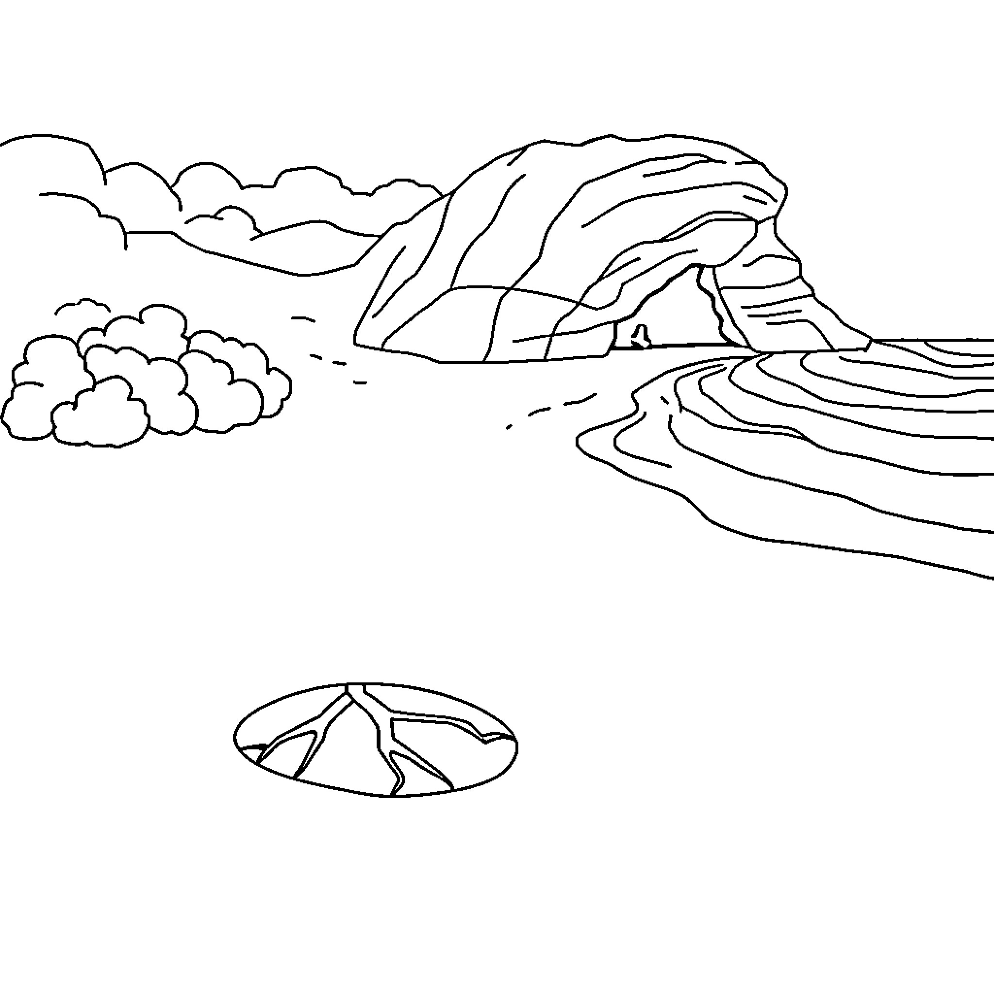 Landscape with dramatic rock formation and cloudy sky Coloring Page (free black-and-white line drawing printable PDF for all, from beginners to advanced learners, including children, teens, adults, and seniors)