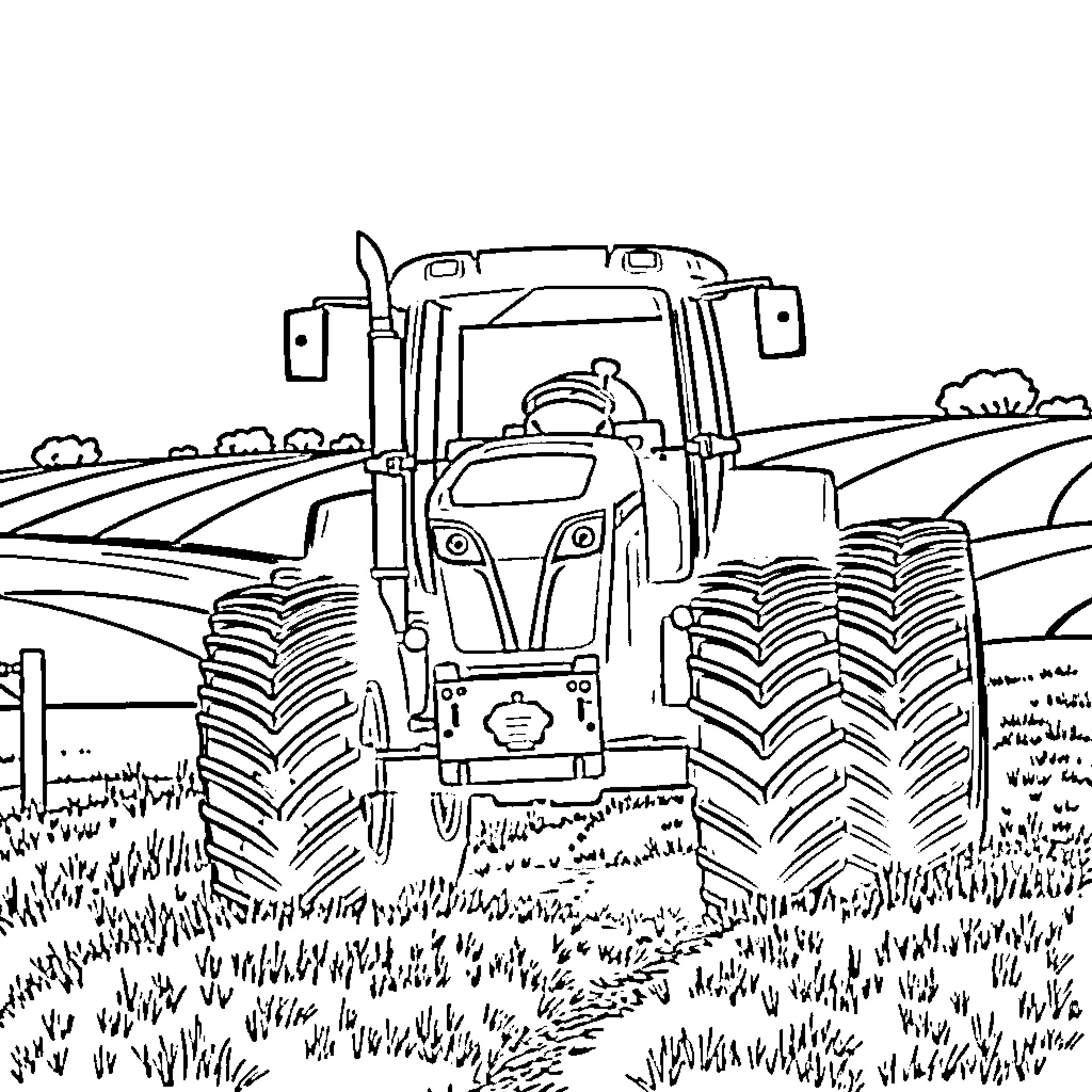Tractor plowing through a rural field Coloring Page (free black-and-white line drawing printable PDF for all, from beginners to advanced learners, including children, teens, adults, and seniors)