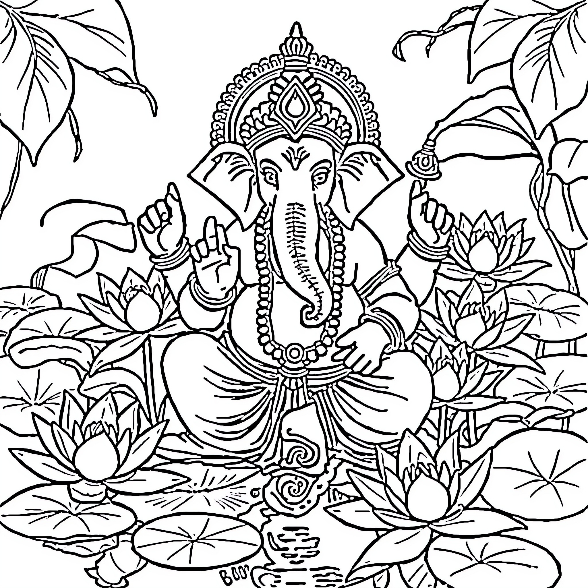 Ganesh Sitting Amidst Lotus Flowers Coloring Page (free black-and-white line drawing printable PDF for all, from beginners to advanced learners, including children, teens, adults, and seniors)