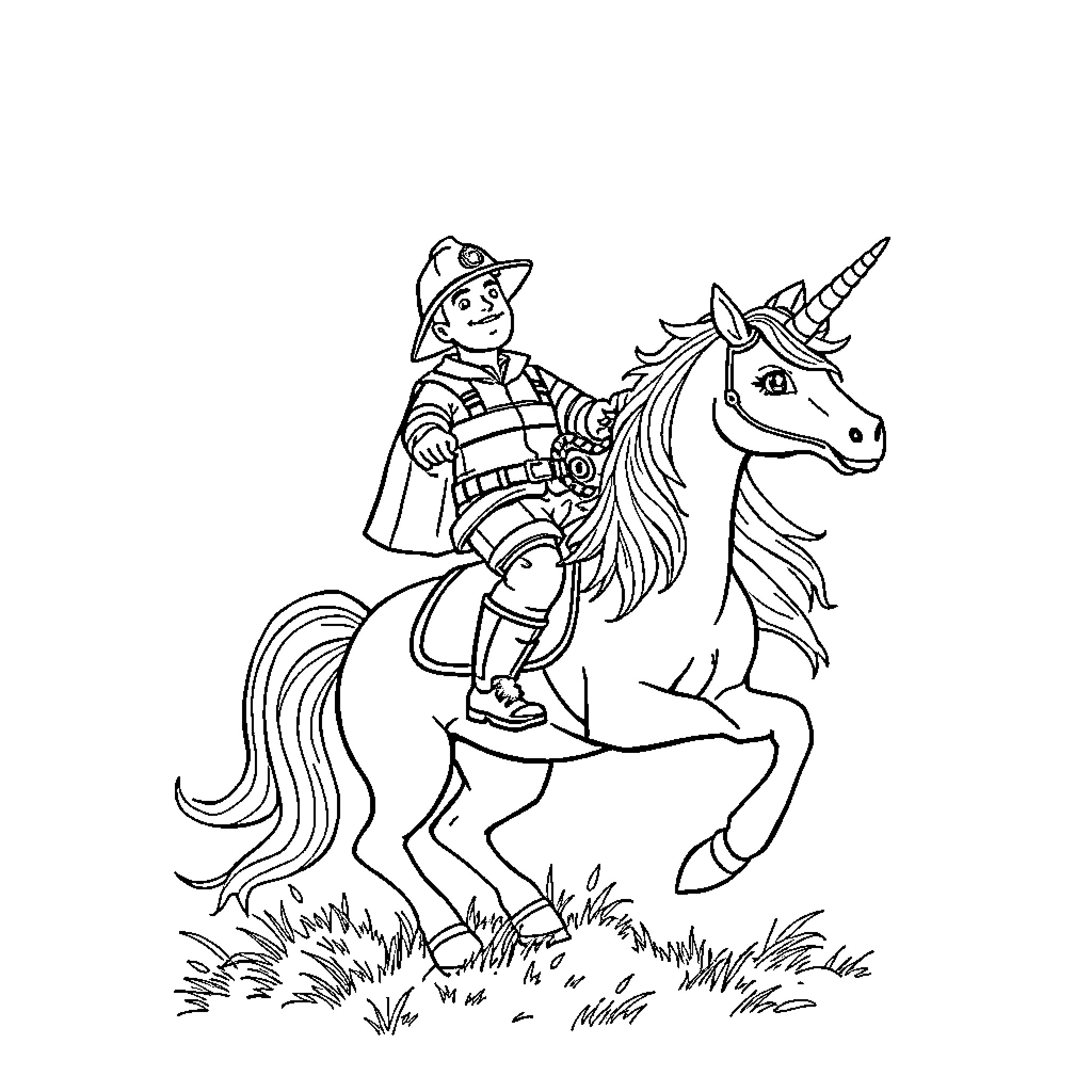 Fireman Unicorn Riding a Magical Horse Coloring Page (free black-and-white line drawing printable PDF for all, from beginners to advanced learners, including children, teens, adults, and seniors)