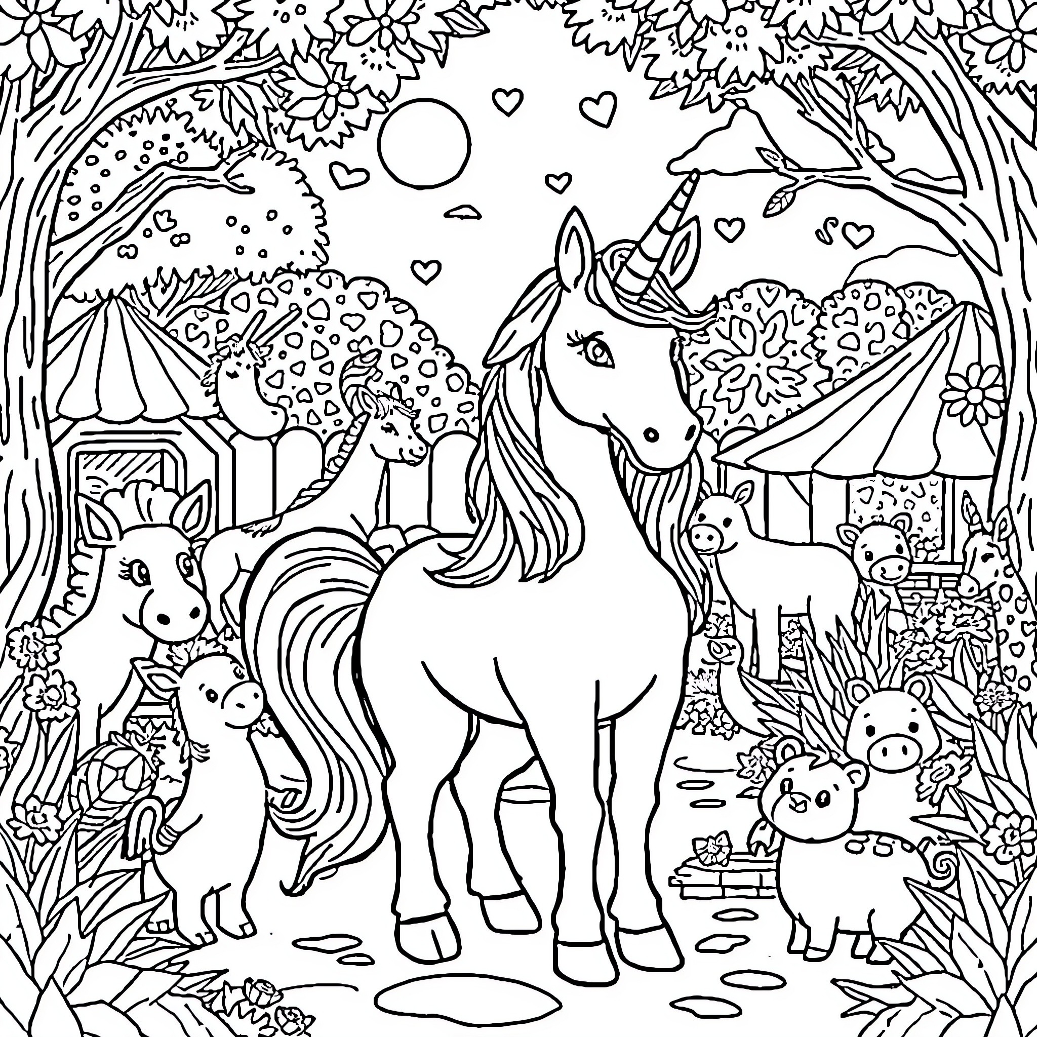 Unicorn gazing at whimsical fairy-tale scene with animals Coloring Page (free black-and-white line drawing printable PDF for all, from beginners to advanced learners, including children, teens, adults, and seniors)