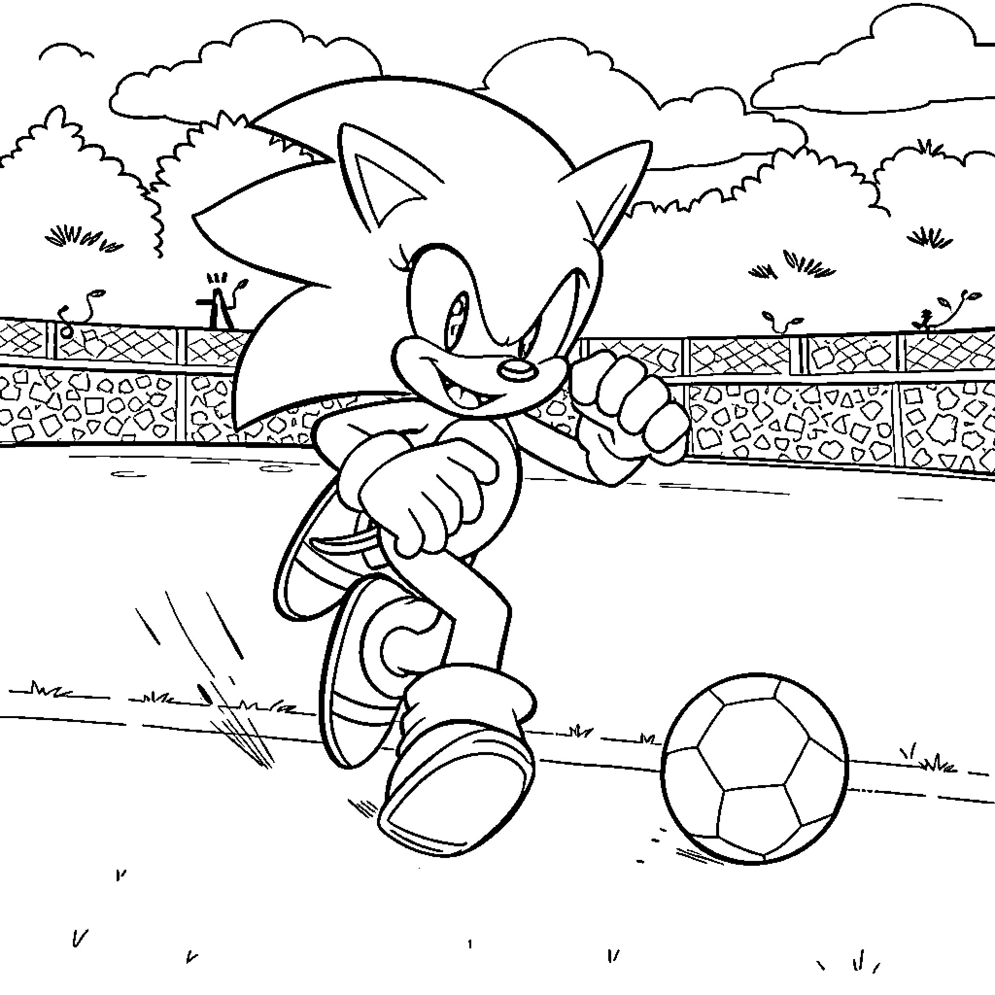 Sonic playing with a soccer ball on the field Coloring Page (free black-and-white line drawing printable PDF for all, from beginners to advanced learners, including children, teens, adults, and seniors)