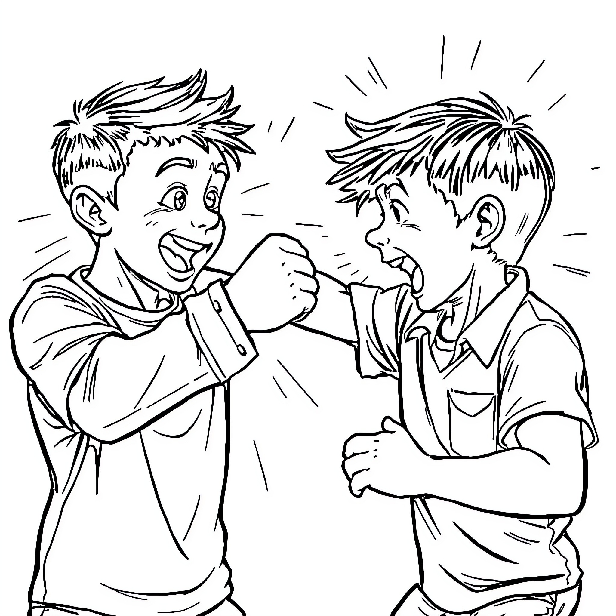 Punching boys in a playful manner Coloring Page (free black-and-white line drawing printable PDF for all, from beginners to advanced learners, including children, teens, adults, and seniors)