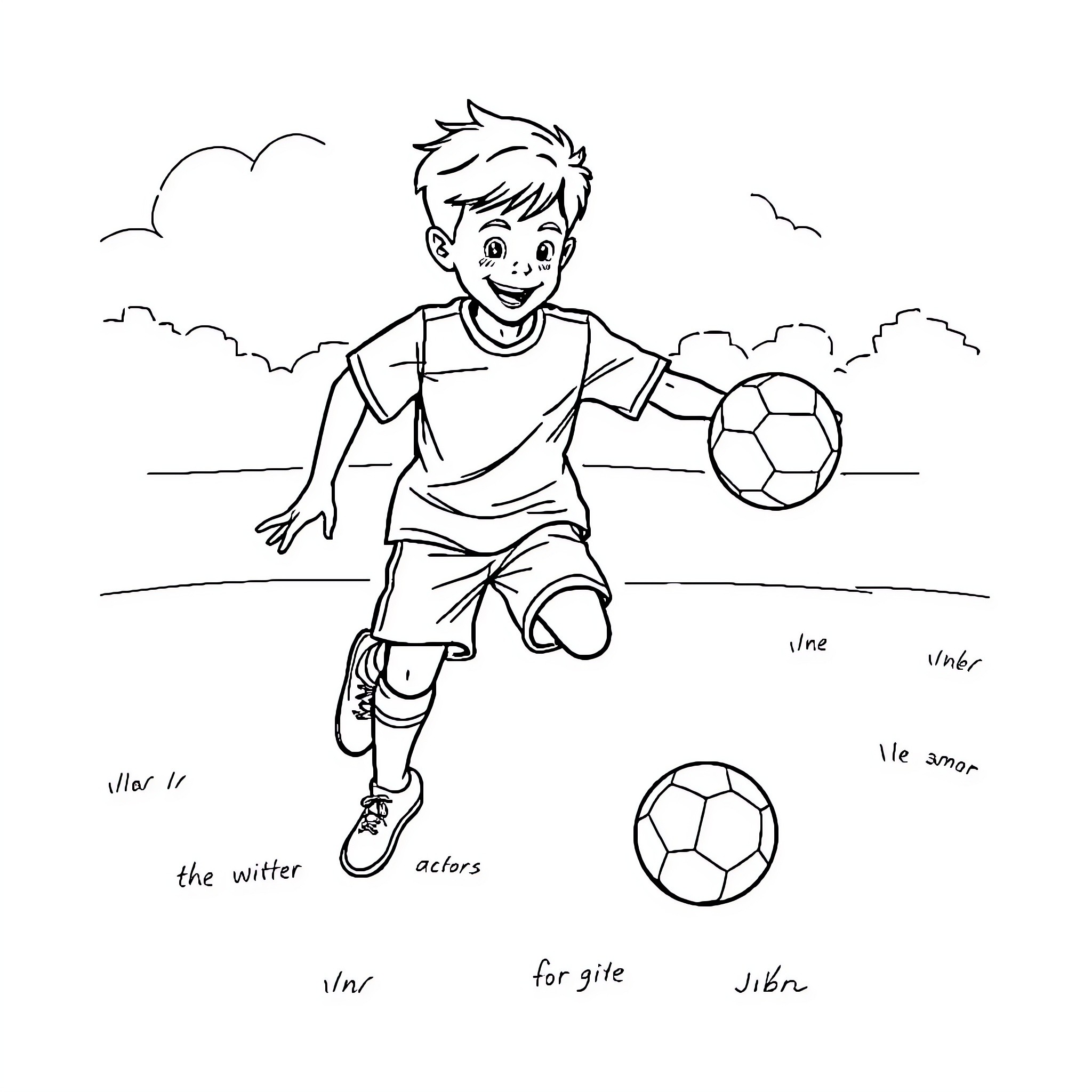 Boy happily playing soccer on the field Coloring Page (free black-and-white line drawing printable PDF for all, from beginners to advanced learners, including children, teens, adults, and seniors)