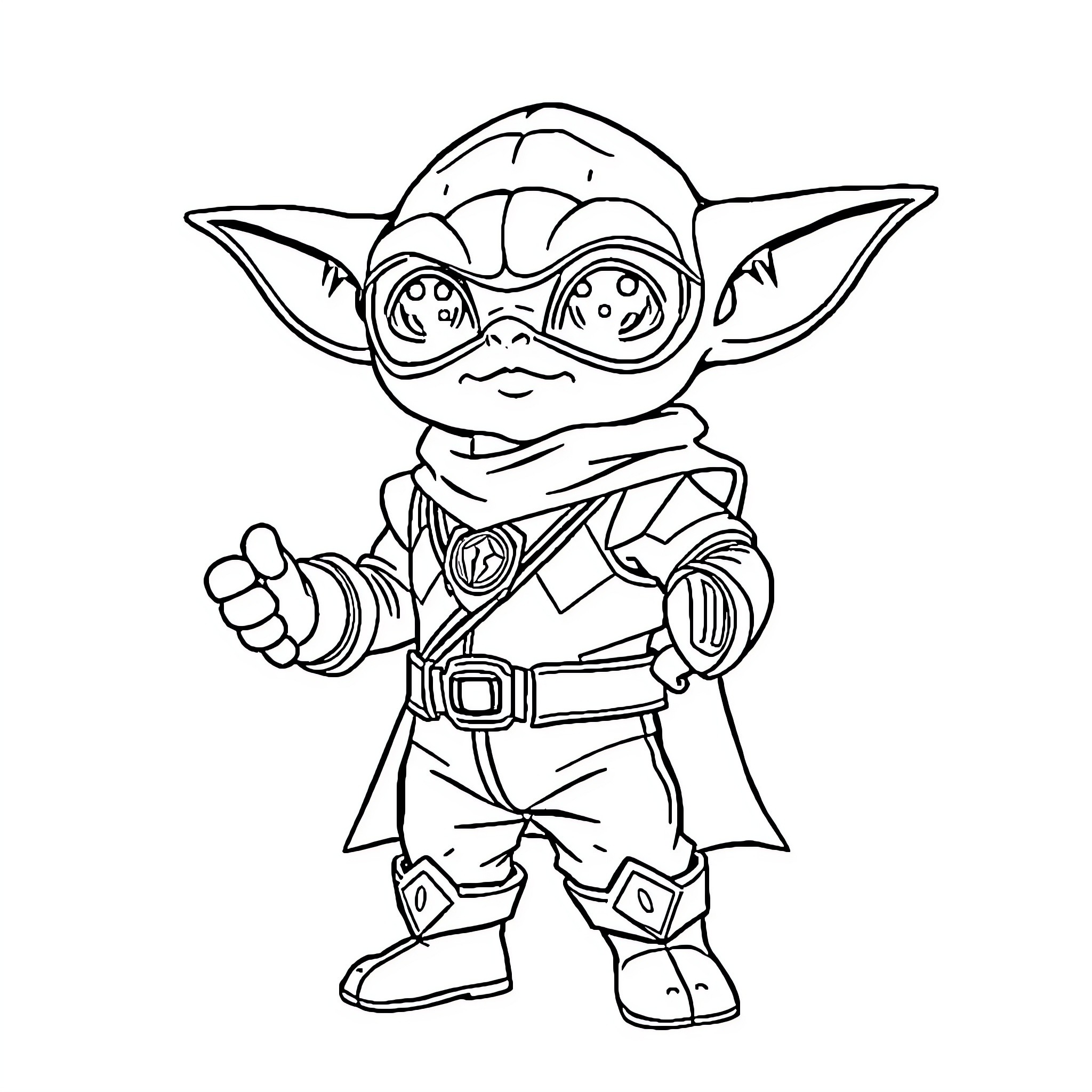 Yoda in Superhero Costume Striking a Pose Coloring Page (free black-and-white line drawing printable PDF for all, from beginners to advanced learners, including children, teens, adults, and seniors)