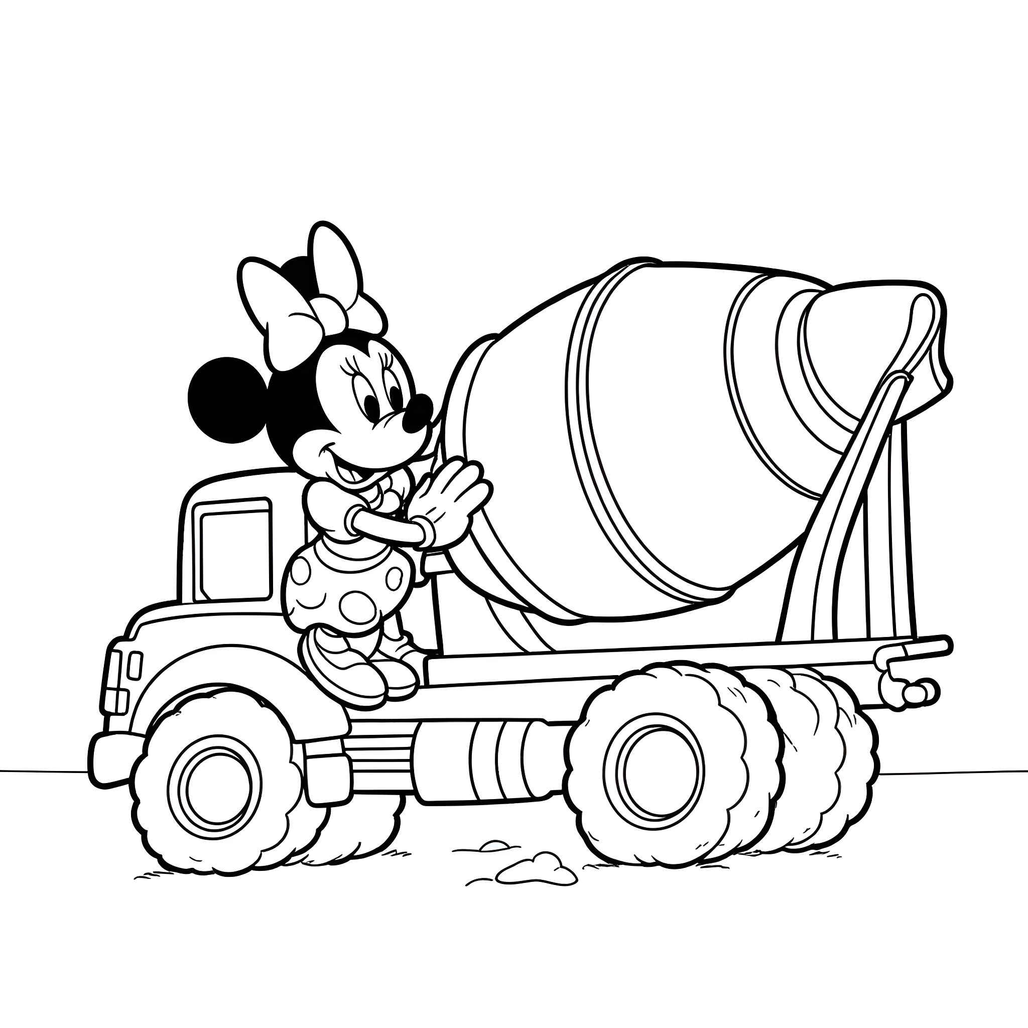 Minnie Mouse operating a cement mixer truck Coloring Page (free black-and-white line drawing printable PDF for all, from beginners to advanced learners, including children, teens, adults, and seniors)