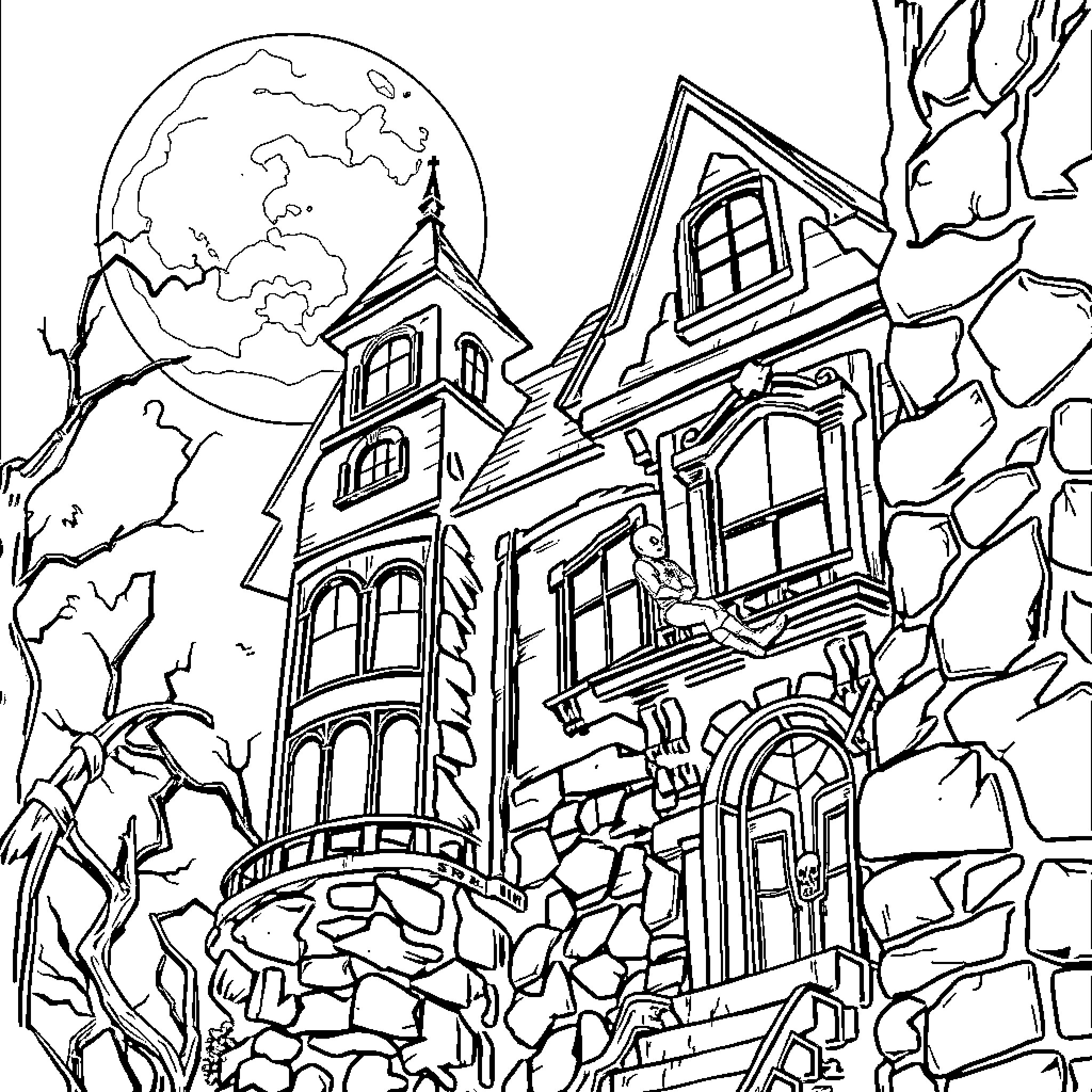 Spiderman explores a mysterious haunted house at night Coloring Page (free black-and-white line drawing printable PDF for all, from beginners to advanced learners, including children, teens, adults, and seniors)