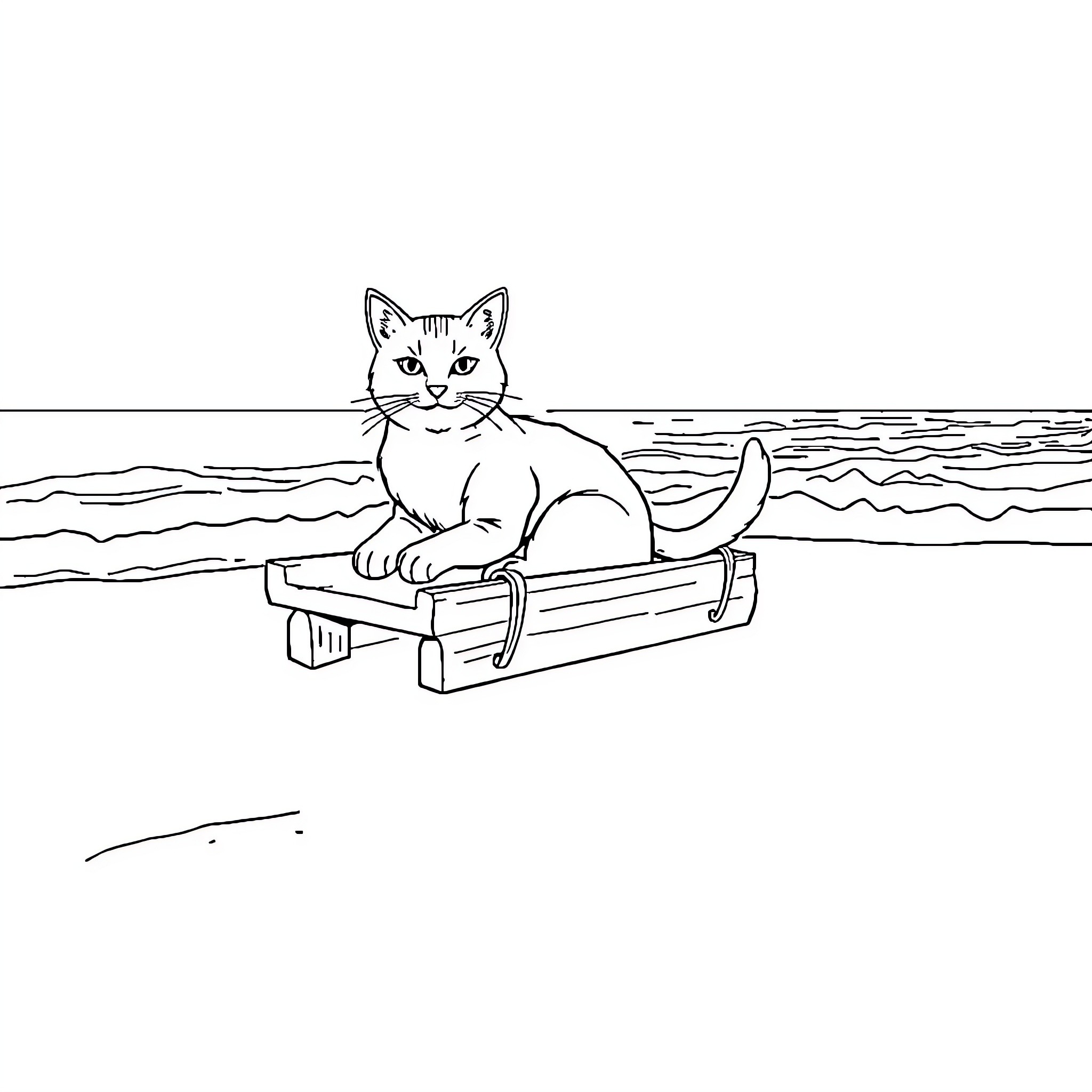 Cat floating on a boat in the ocean Coloring Page (free black-and-white line drawing printable PDF for all, from beginners to advanced learners, including children, teens, adults, and seniors)