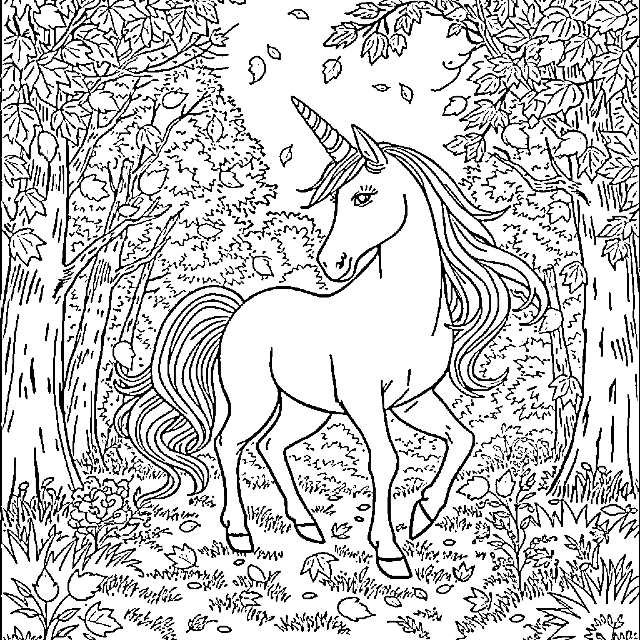 Unicorn exploring the enchanted forest Coloring Page (free black-and-white line drawing printable PDF for all, from beginners to advanced learners, including children, teens, adults, and seniors)
