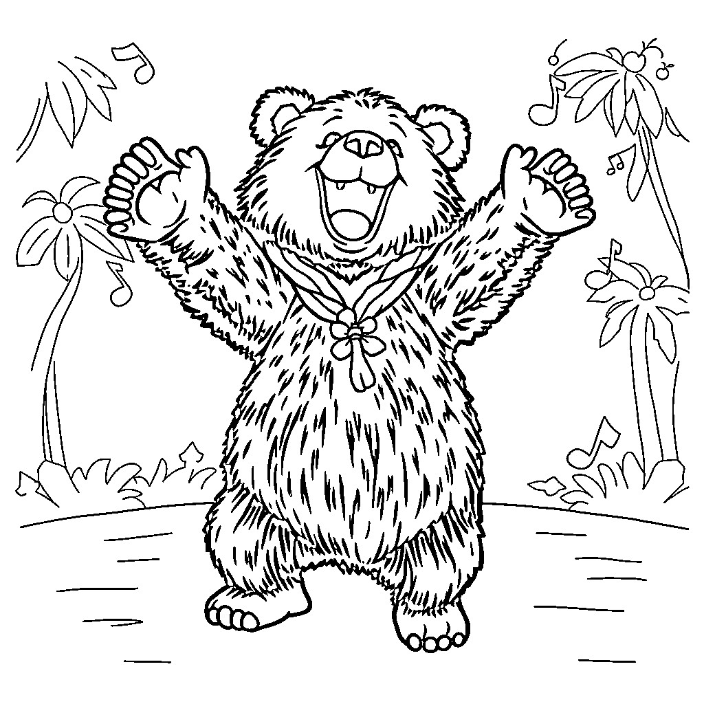 Bear dancing joyfully in nature Coloring Page (free black-and-white line drawing printable PDF for all, from beginners to advanced learners, including children, teens, adults, and seniors)