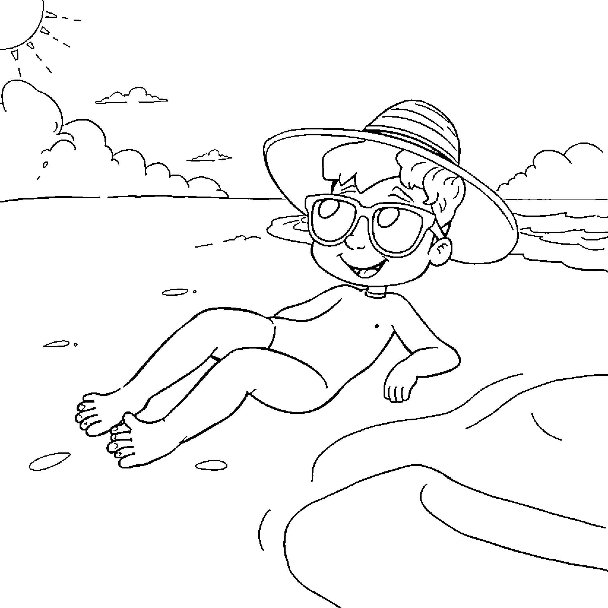 Ollie's fun day at the beach Coloring Page (free black-and-white line drawing printable PDF for all, from beginners to advanced learners, including children, teens, adults, and seniors)