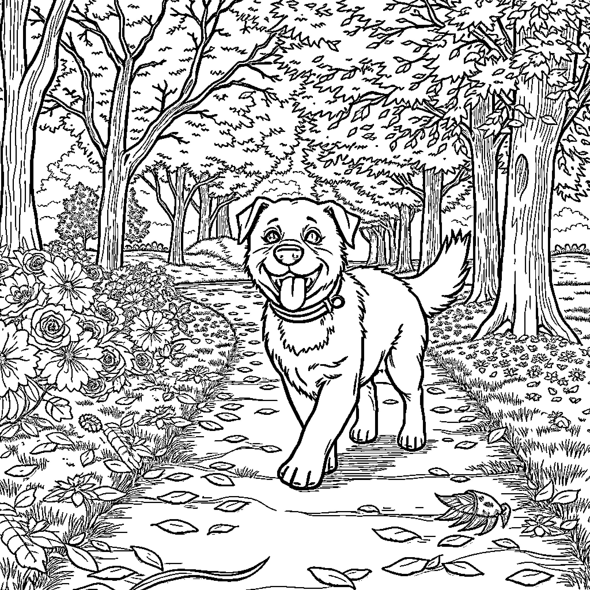 Dog exploring enchanting forest landscape Coloring Page (free black-and-white line drawing printable PDF for all, from beginners to advanced learners, including children, teens, adults, and seniors)