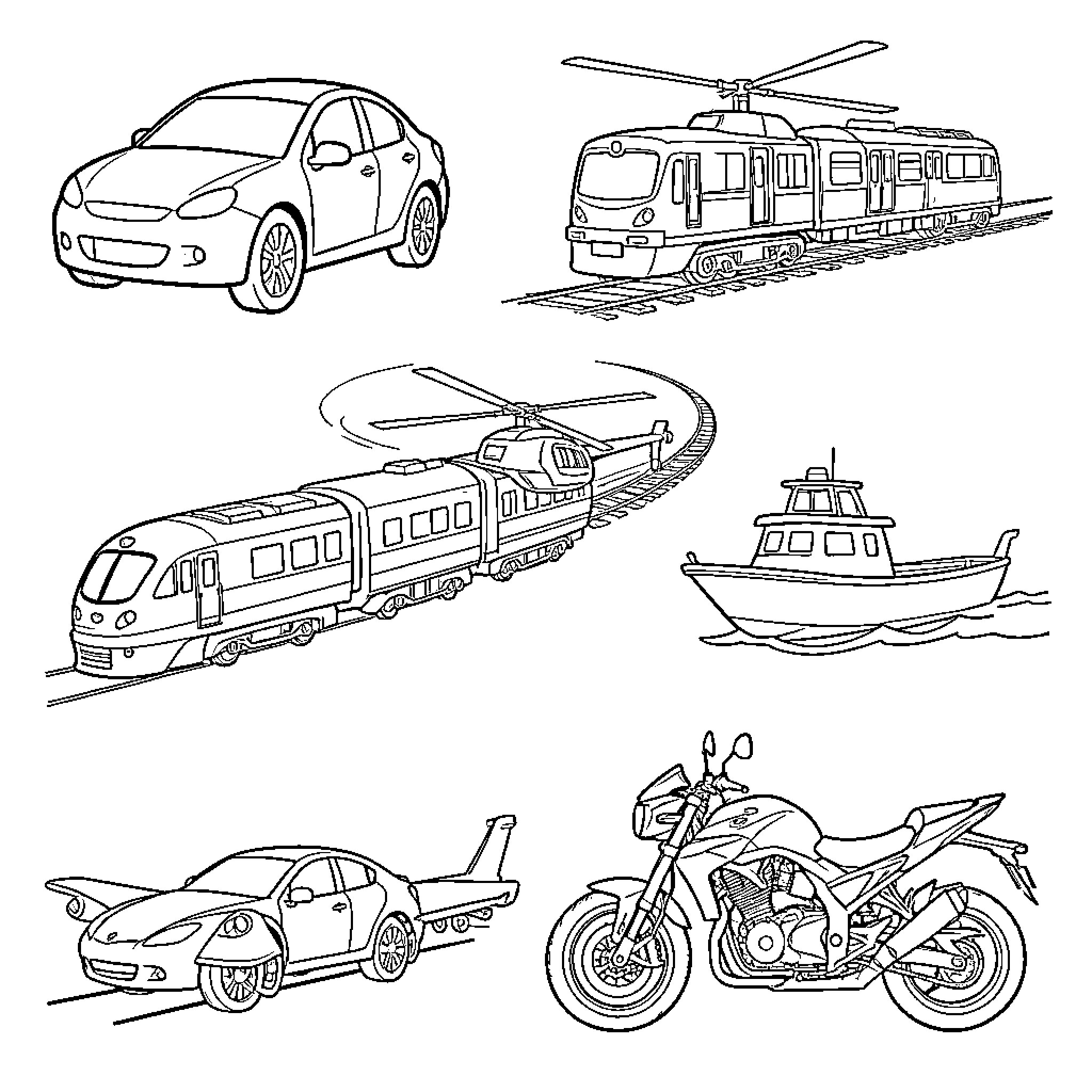 Vehicle Transportation Modes in Outline Coloring Page (free black-and-white line drawing printable PDF for all, from beginners to advanced learners, including children, teens, adults, and seniors)