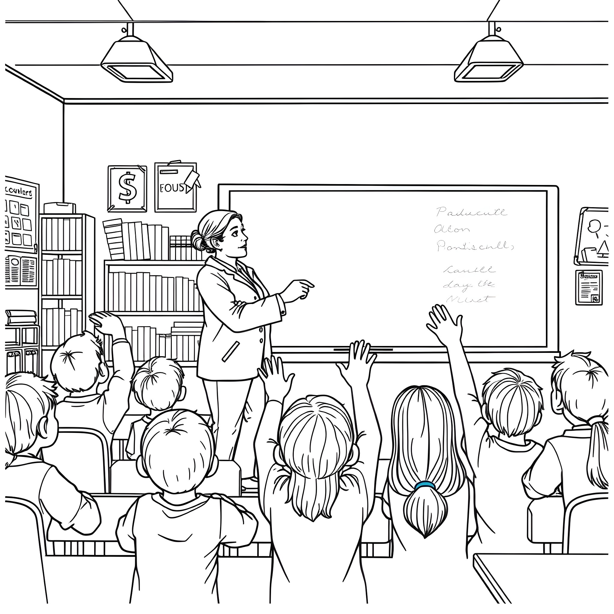Teacher Giving a Lesson to Engaged Students in Classroom Coloring Page (free black-and-white line drawing printable PDF for all, from beginners to advanced learners, including children, teens, adults, and seniors)