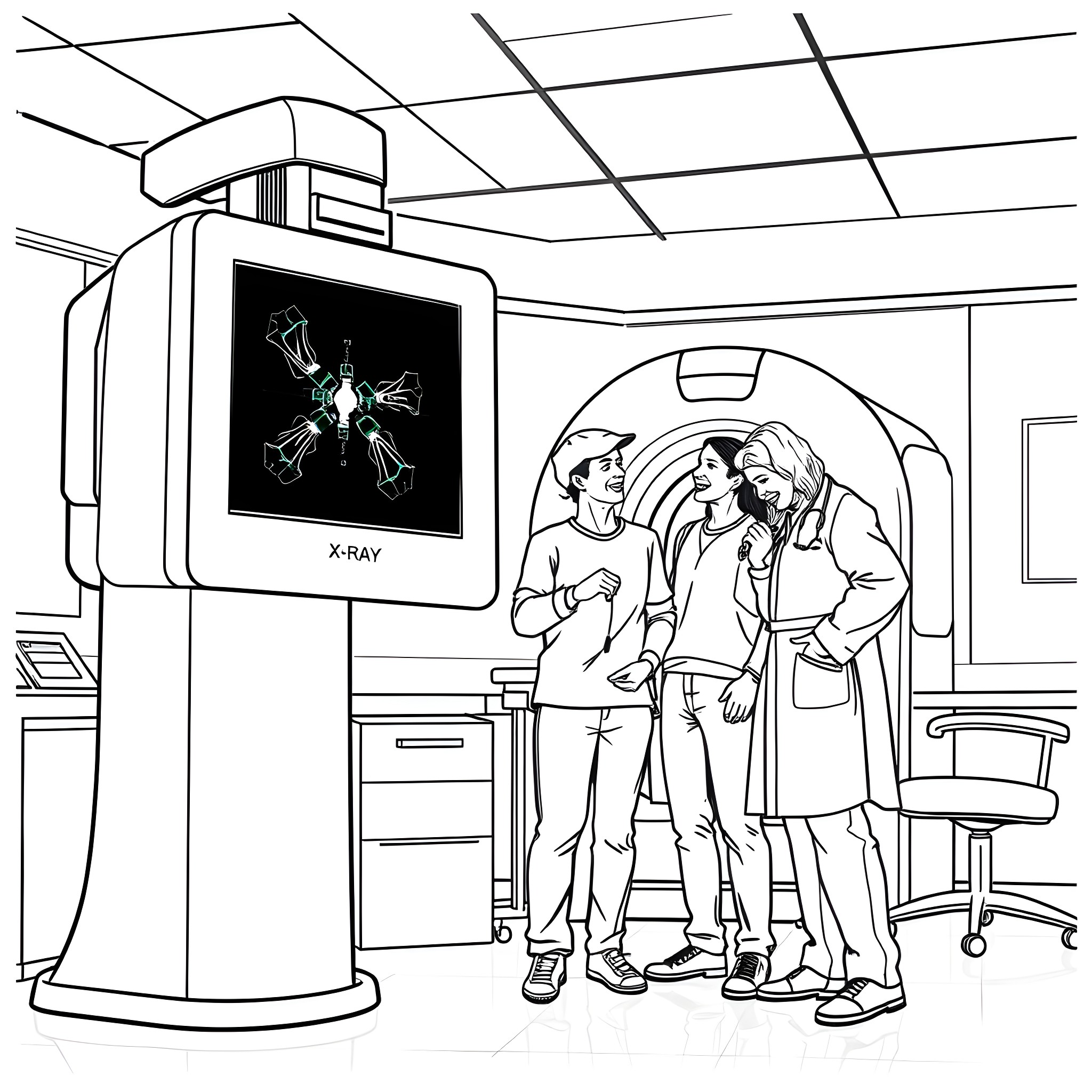 X-ray Technician Examining Medical Imaging with Colleagues Coloring Page (free black-and-white line drawing printable PDF for all, from beginners to advanced learners, including children, teens, adults, and seniors)