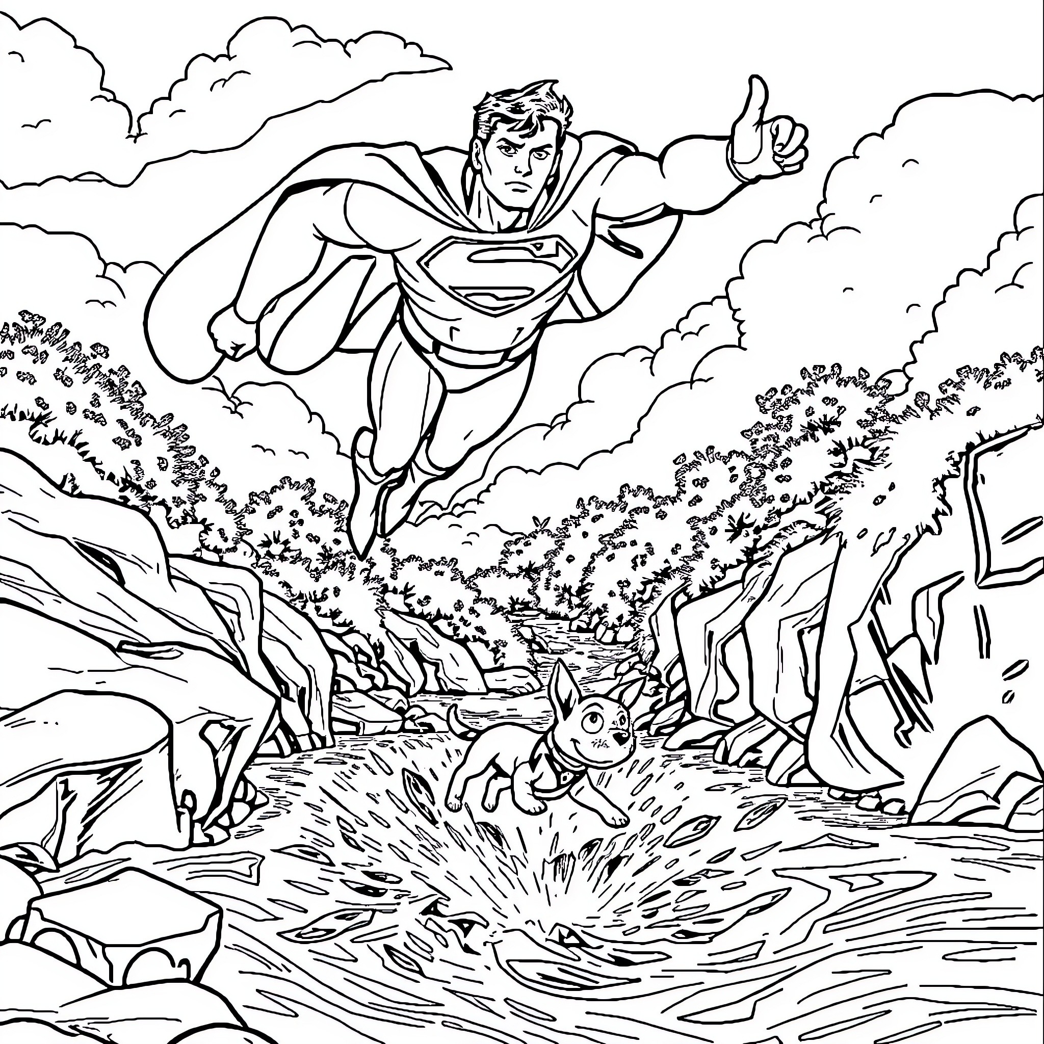 Superman soaring through the skies on heroic mission Coloring Page (free black-and-white line drawing printable PDF for all, from beginners to advanced learners, including children, teens, adults, and seniors)