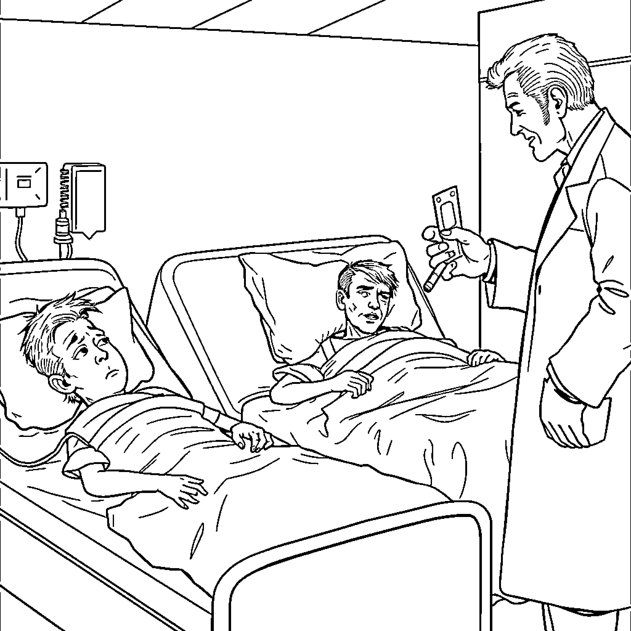 Patient receiving medical care in hospital room Coloring Page (free black-and-white line drawing printable PDF for all, from beginners to advanced learners, including children, teens, adults, and seniors)