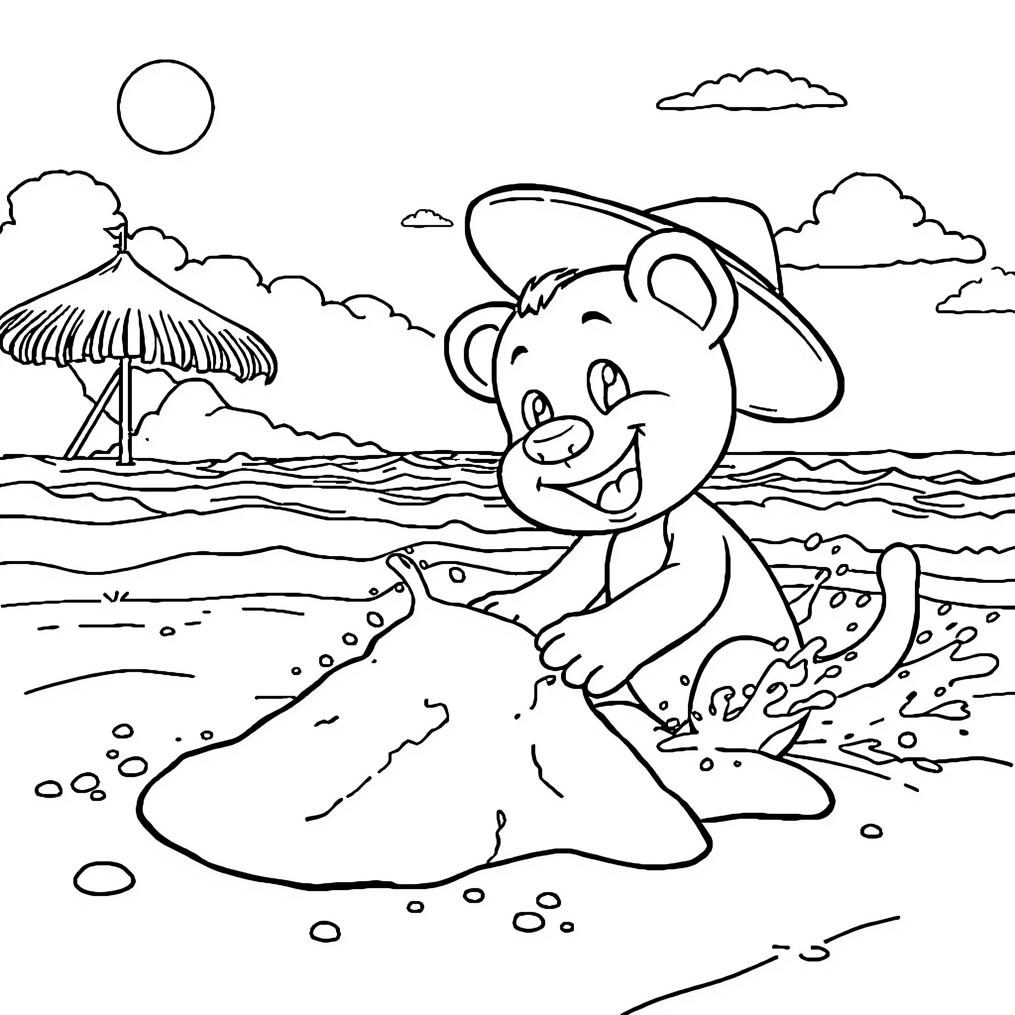 Bluey having fun at the beach Coloring Page (free black-and-white line drawing printable PDF for all, from beginners to advanced learners, including children, teens, adults, and seniors)