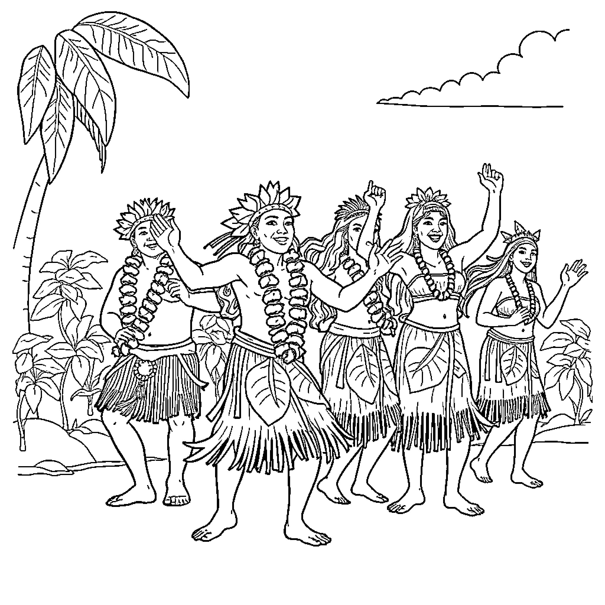 Hawaiian Tribal Dancers Celebrating with Lively Movements Coloring Page (free black-and-white line drawing printable PDF for all, from beginners to advanced learners, including children, teens, adults, and seniors)