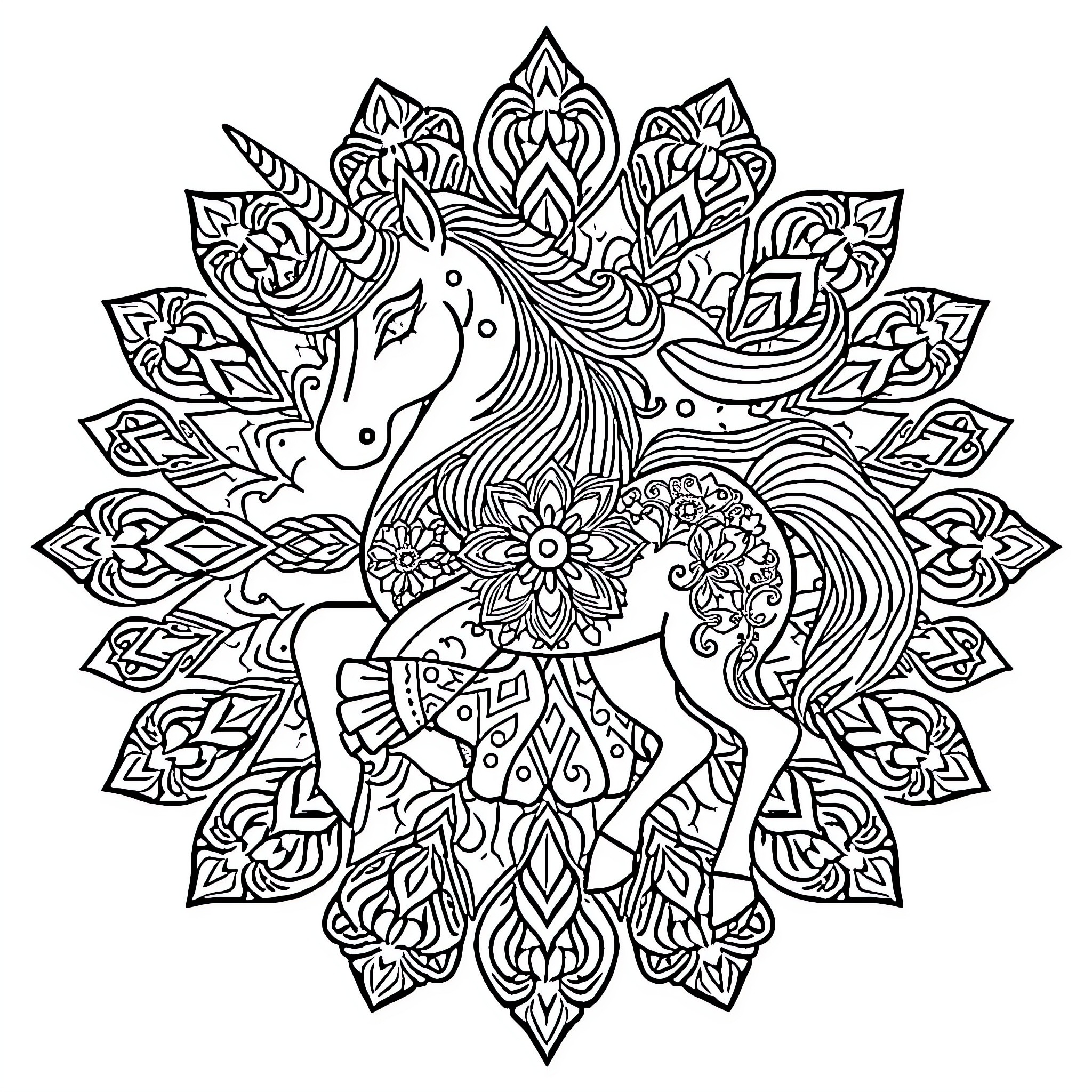 Unicorn adorned with intricate floral patterns Coloring Page (free black-and-white line drawing printable PDF for all, from beginners to advanced learners, including children, teens, adults, and seniors)