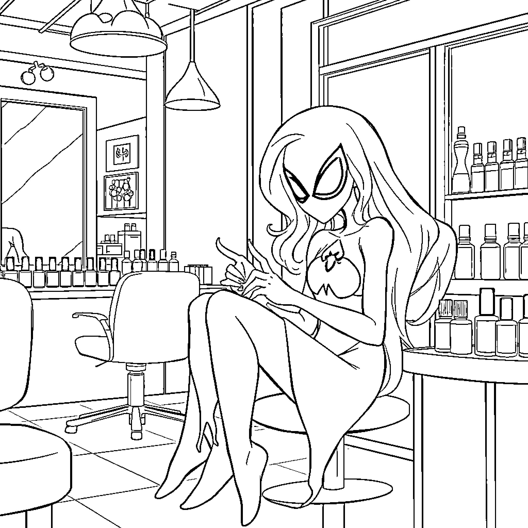 Ghost Spider resting in a salon Coloring Page (free black-and-white line drawing printable PDF for all, from beginners to advanced learners, including children, teens, adults, and seniors)