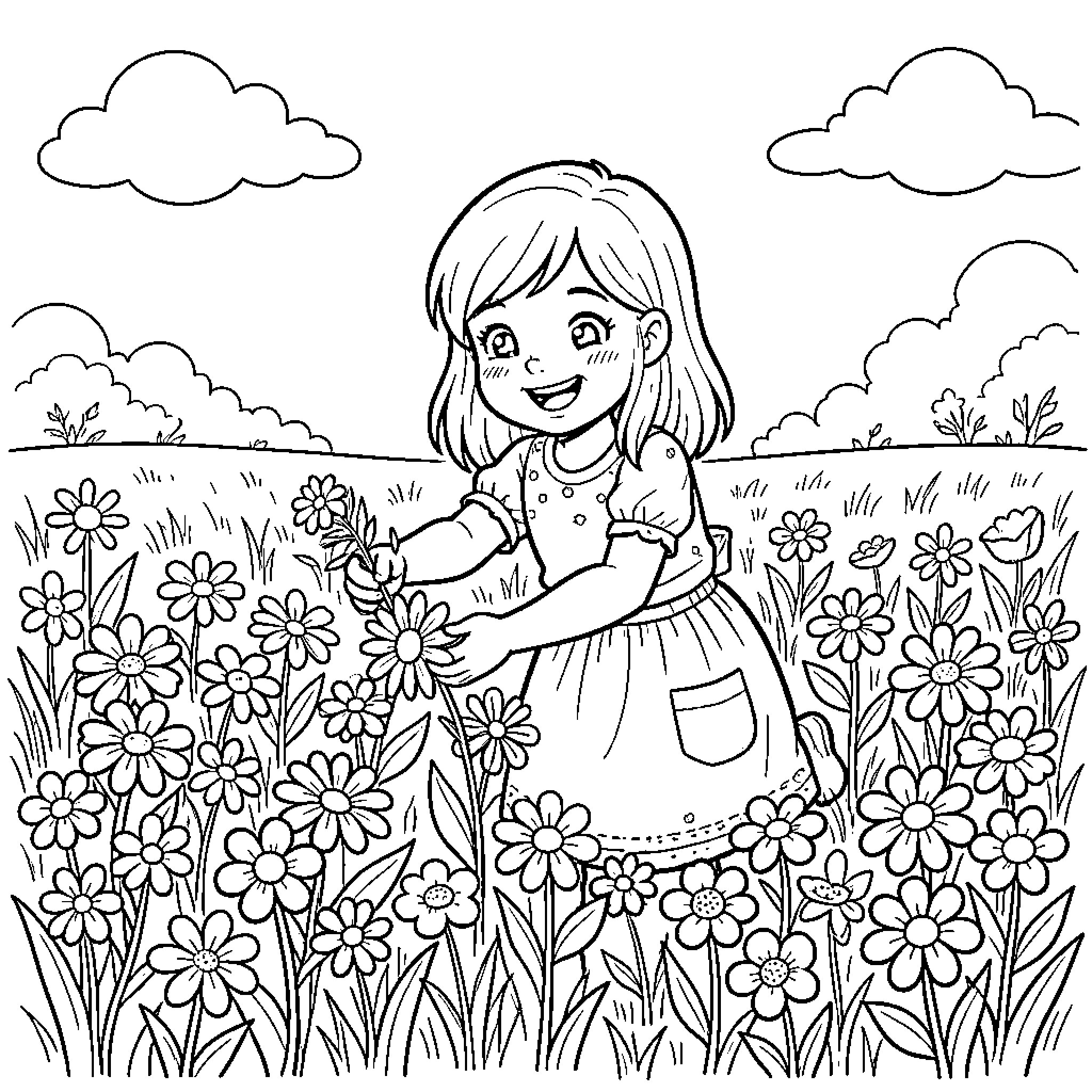 Girl Enjoying Flowers in the Meadow Coloring Page (free black-and-white line drawing printable PDF for all, from beginners to advanced learners, including children, teens, adults, and seniors)